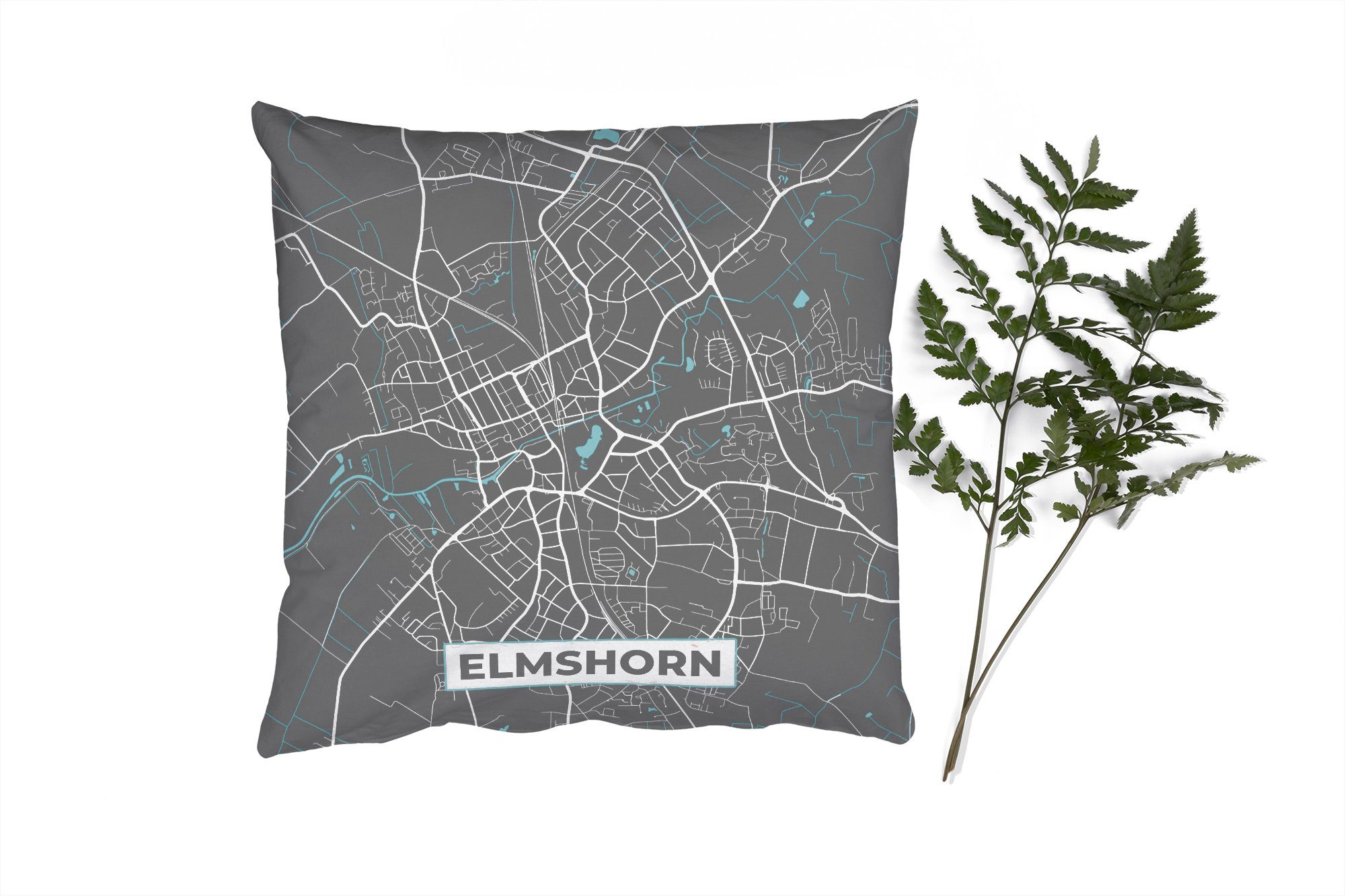 MuchoWow Dekokissen Stadtplan - Karte - Elmshorn - Blau - Deutschland - Karte, Zierkissen mit Füllung für Wohzimmer, Schlafzimmer, Deko, Sofakissen