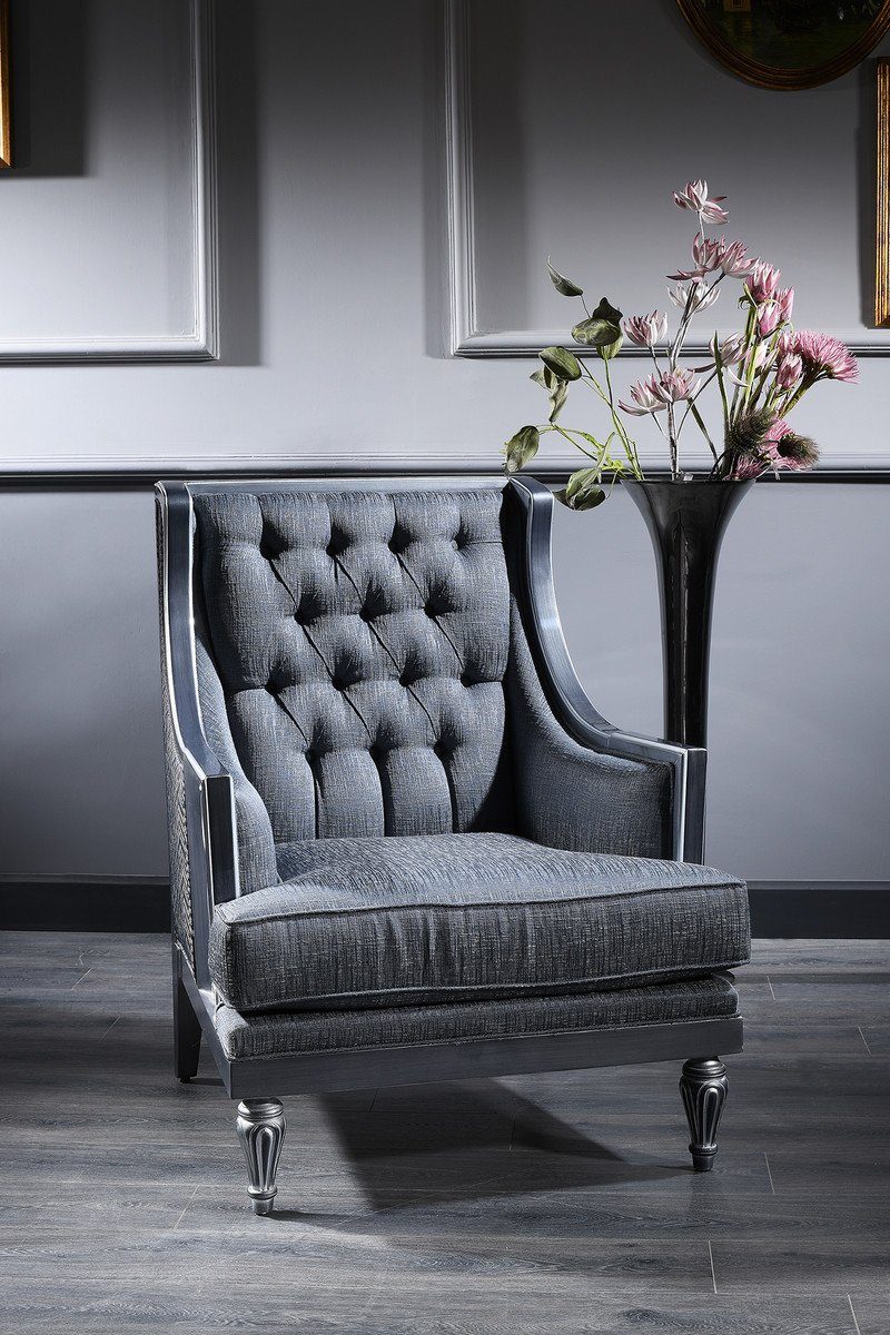 Casa Padrino Chesterfield-Sessel Luxus Barock Chesterfield Wohnzimmer Sessel Blau / Grau / Silber 77 x 76 x H. 100 cm - Barockmöbel