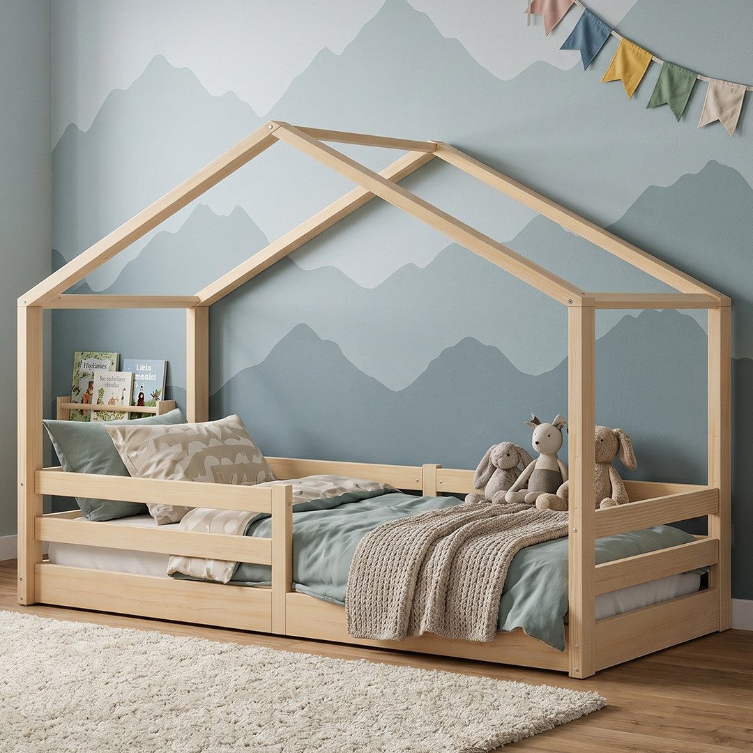 Bellabino Hausbett Abia Kinderbett mit Lattenrost und Rausfallschutz (natur, optional mit Matratze), Bodenbett 90x200 cm, verfügbar in verschiedenen Ausführungen