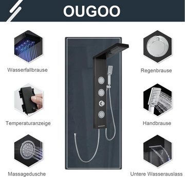 OUGOO Duschsystem LED Duschpaneel ohne Armatur, 4 Funktionen Duschsäule, mit Regendusche Massagedüsen Handbrause und Wanneneinlauf ausEdelstahl