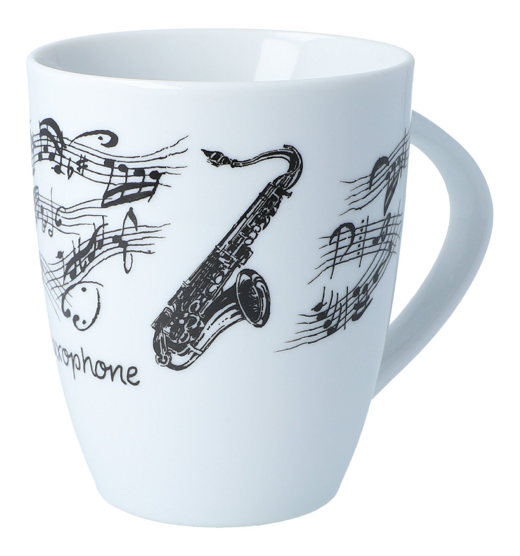 Musikboutique Becher, Porzellan, Henkelbecher aus Porzellan bedruckt mit Saxophon-Motiv, Tasse