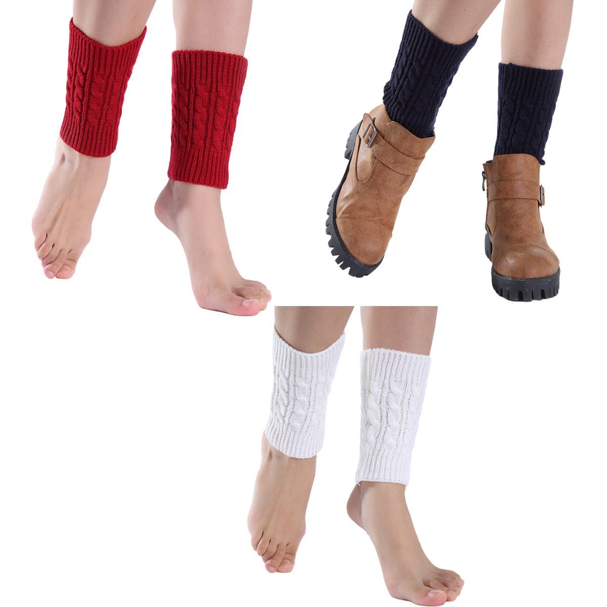 Jormftte Beinstulpen gestrickte Stiefel kurz Winter Beinstulpen Manschetten für Frauen Rot Weiß marineblau