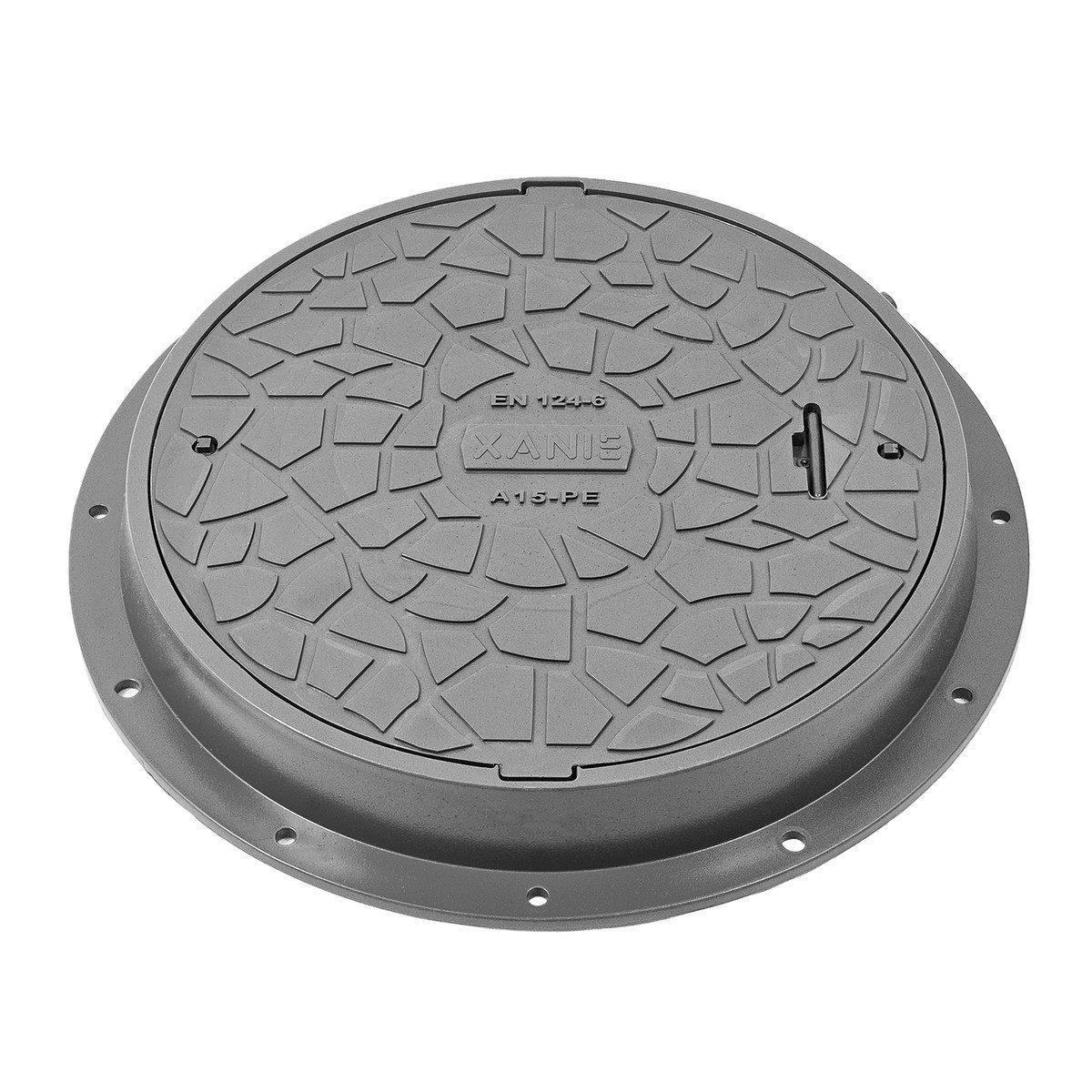 Xanie Erdschacht Schachtdeckel DN600 mit Rahmen Ø 800 mm + Verriegelung, Kunststoff A15, 80x80x9.5 cm, grau, begehbar, natürliche Optik