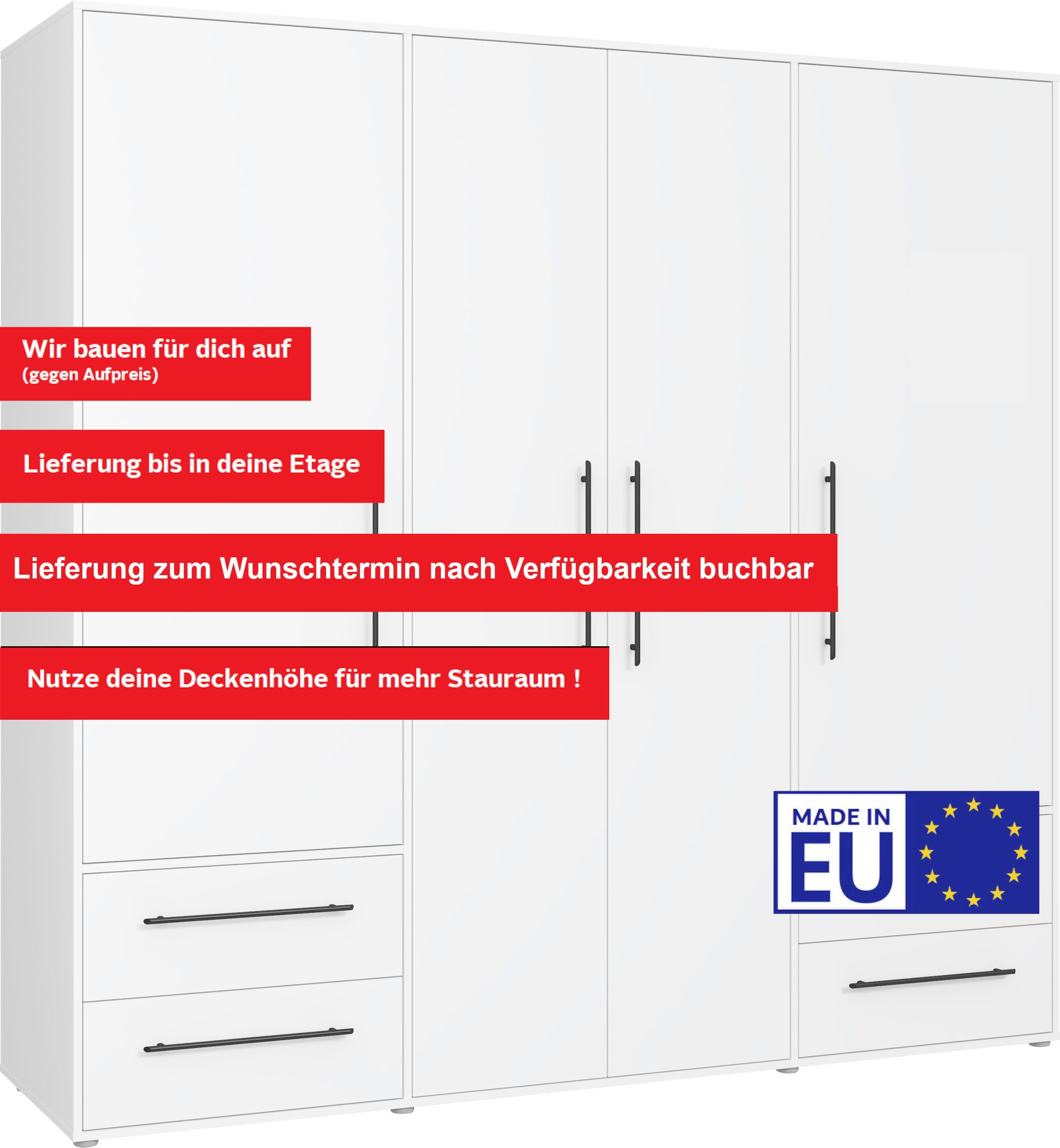 FORTE Kleiderschrank Mokkaris, Garderobe, zeitloses Design, 4 Türen, Made in Europe (B/H/T ca. 206x200x59cm) 4 Schubladen + schwarze Stangengriffe, Made in Europe, viel Stauraum