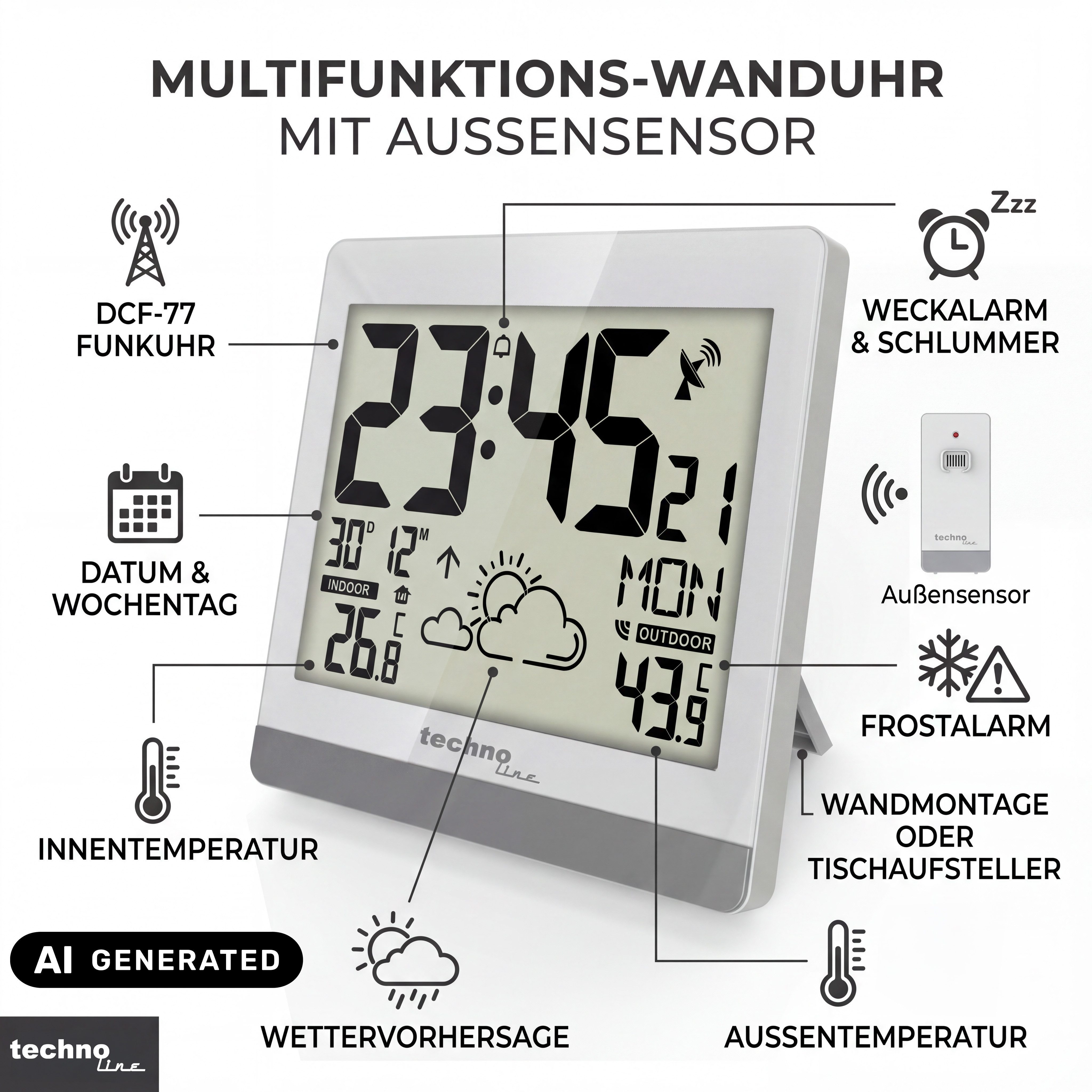 technoline Funkwanduhr WS 8119 (mit Wettervorhersage und Außensender)