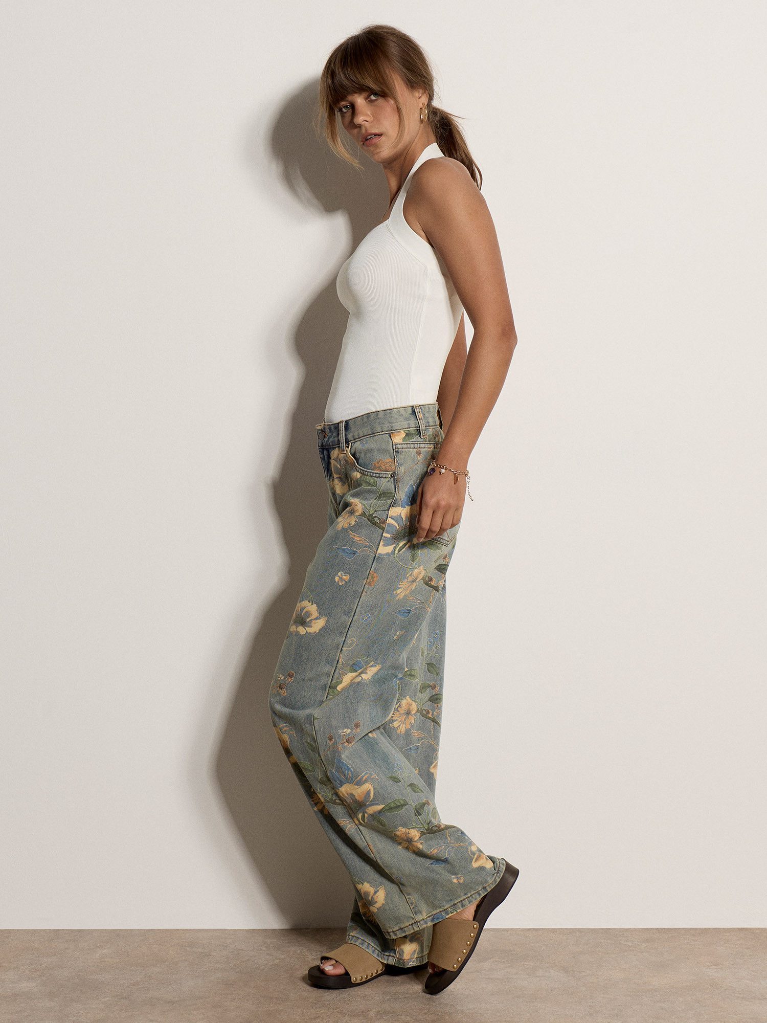 Apricot Weite Jeans Washed Jeans mit Blumenmuster
