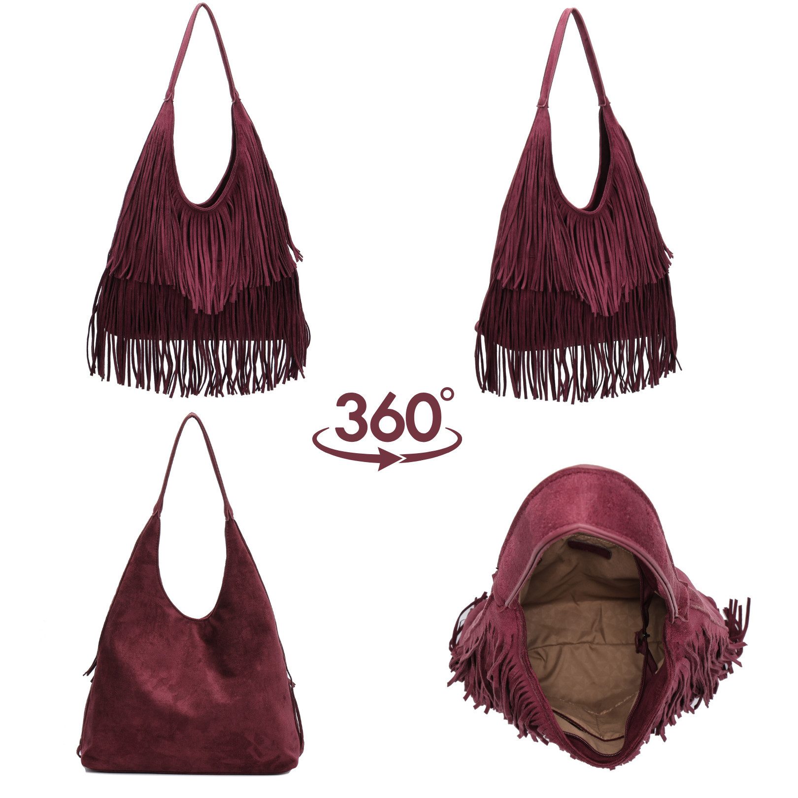 MIRROSI Shopper Damen Fransen Schultertasche Wildleder-Optik aus Polyester (Boho Hobo Bag mit Reißverschluss & Innenfach, ca. 39 x 12 x 33 cm), Neue Kollektion  – Bild 3 von 3