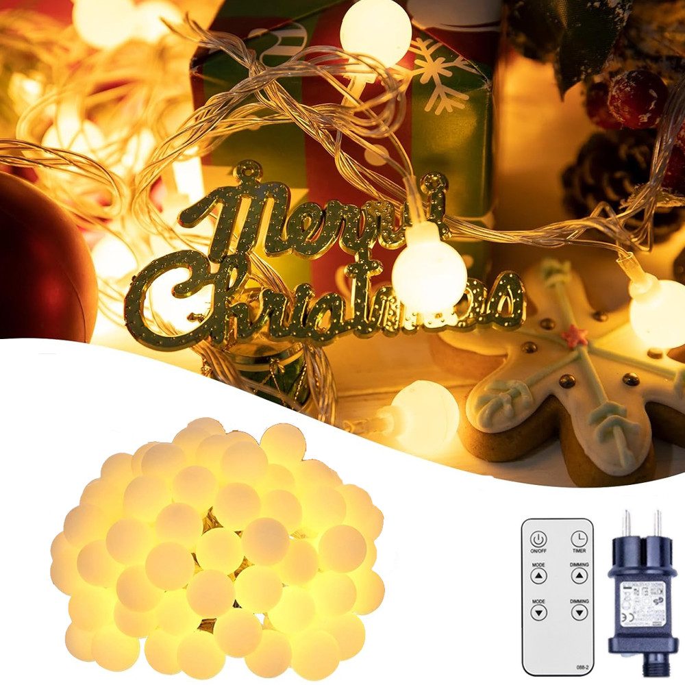 XERSEK LED-Lichterkette Kugel Warmweiß 10 Modi Memory Timer Außen Innen Weihnachtsbeleuchtung, 150-flammig, mit Stecker, IP44, 31V, fur Party Dekor, Kinderzimmer, Balkon