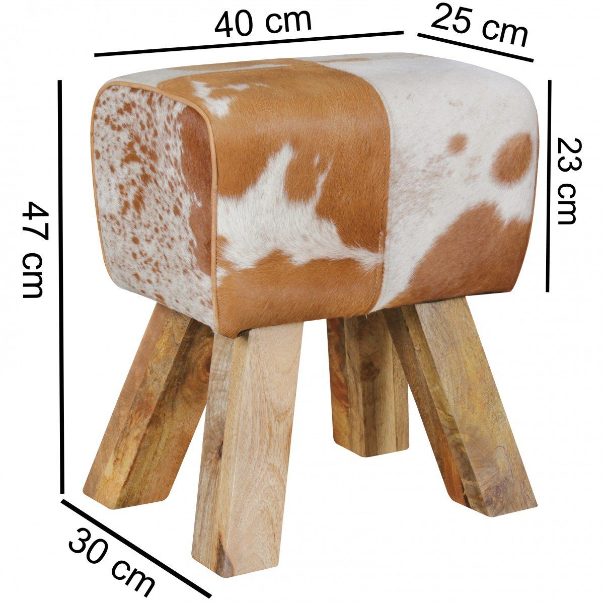 FINEBUY Sitzhocker Design Springbock Fußhocker Turnhocker Turnbock Pferd Leder (Turnbock Ziegenfell Braun / Weiß 40 x 30 x 47 cm), Turnhocker Springbock, Hocker Fellhocker Modern