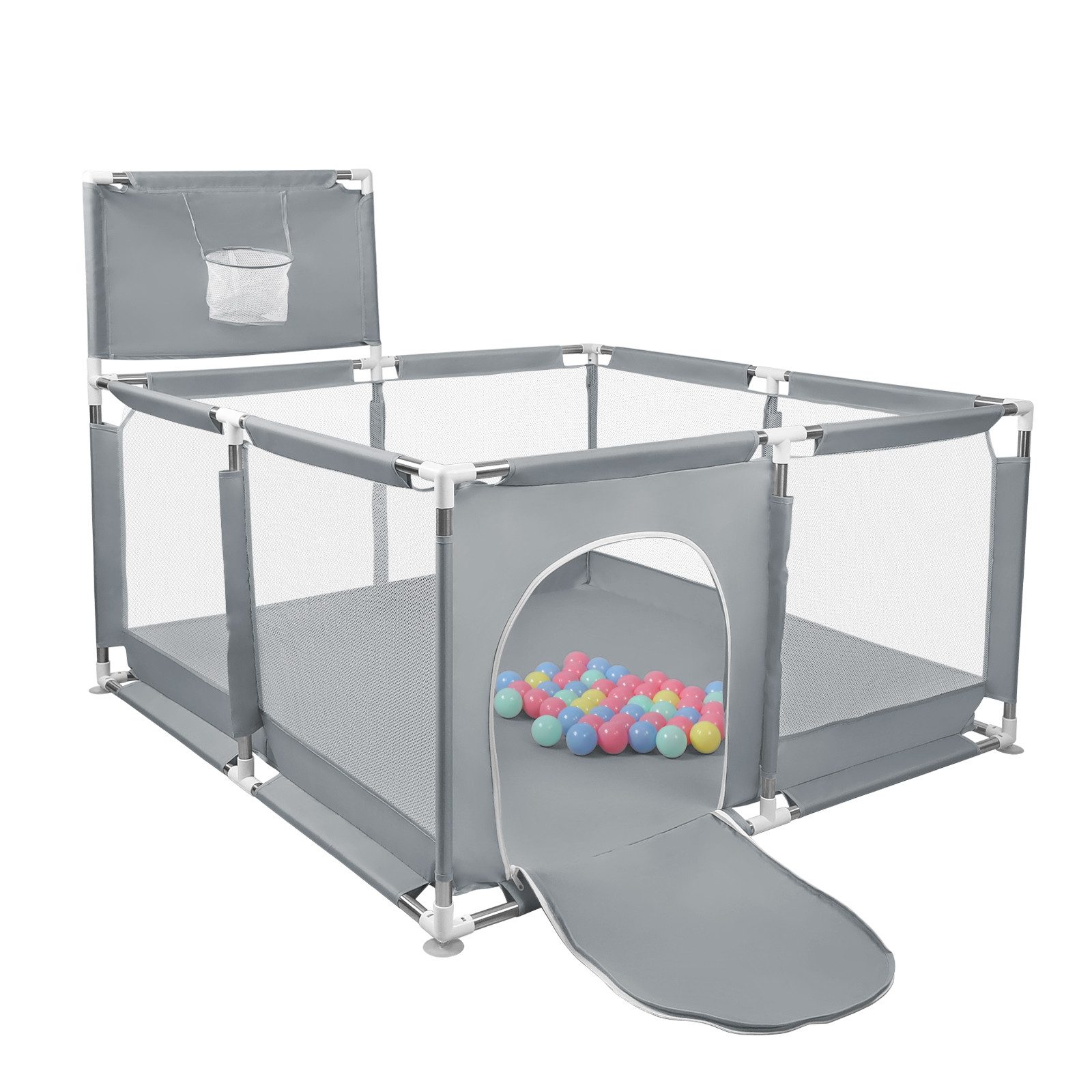 JEOBEST Laufstall Laufstall Baby 126x66cm Laufgitter baby Kinder laufgitter, Sicherer Spielbereich - mit Basketball-Netz und 50 Ozeanbälle