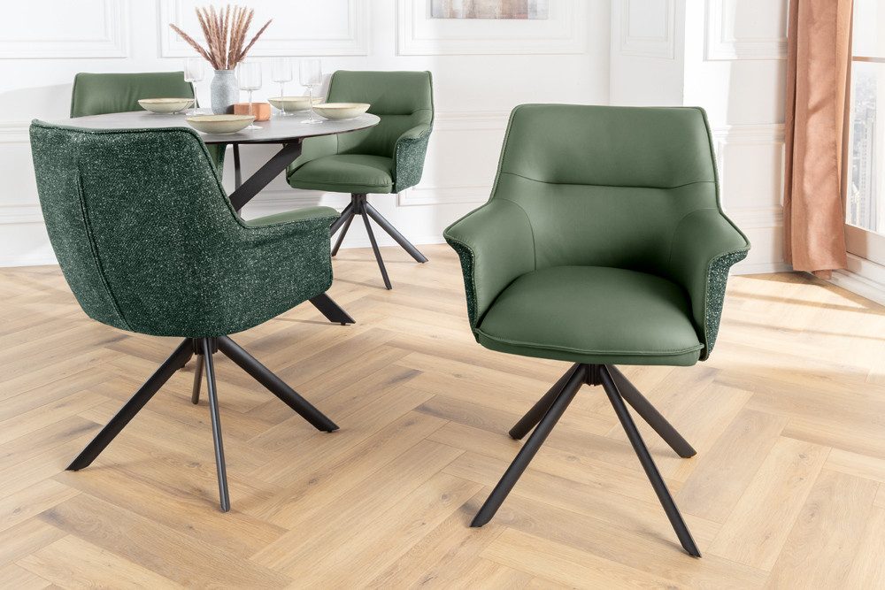riess-ambiente Drehstuhl LE GRAND grün – Echtleder, Strukturstoff, 180° drehbar, mit Armlehne (Einzelartikel, 1 St), mit Metallgestell & Auto-Return-Funktion – ideal für Deinen Esstisch