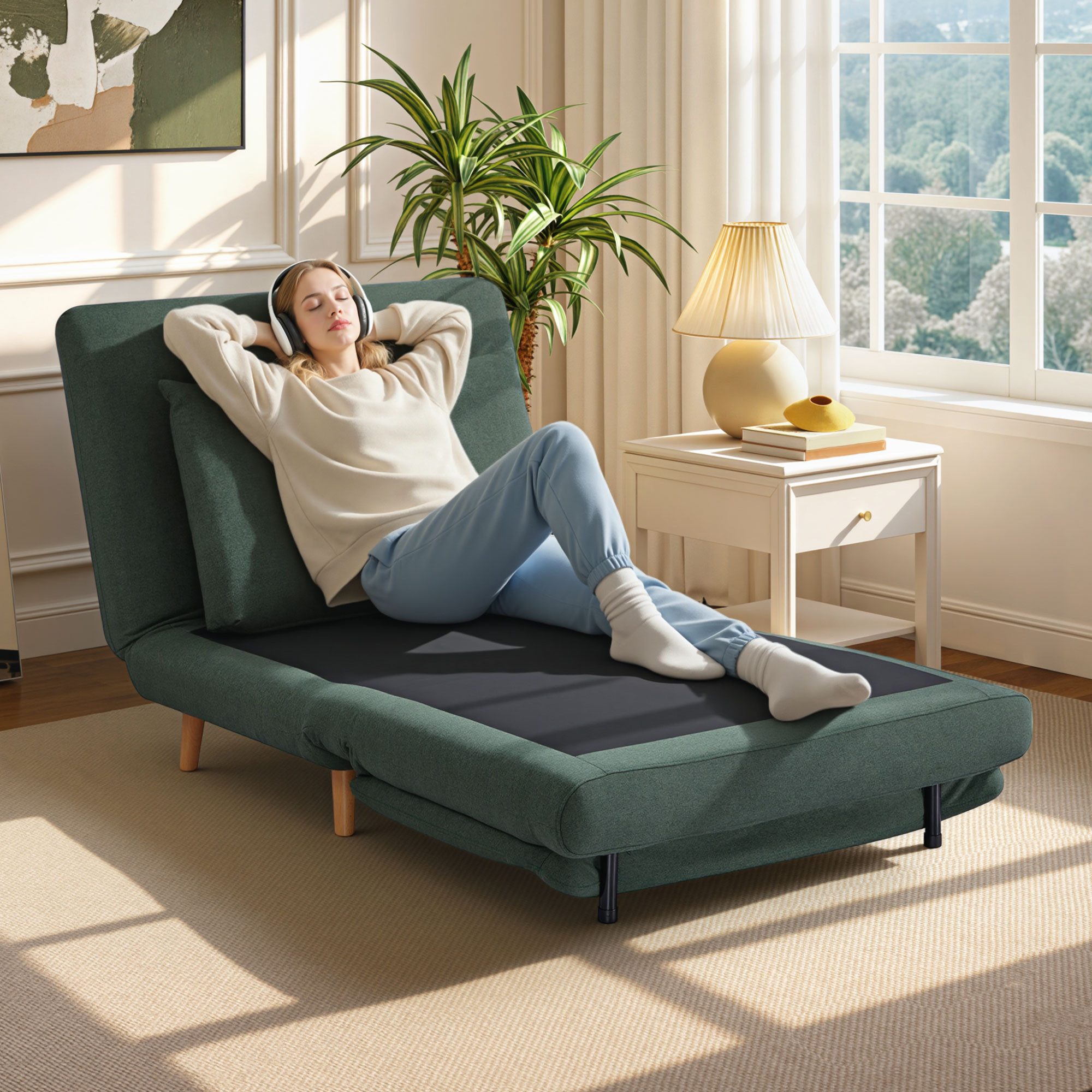 HOMCOM Sessel Schlafsofa Extra Breit 3-in-1 Klappbar, Leinenoptik Chaiselongue (Relaxsessel, 1-St., Klappsessel), für Wohnzimmer, Schlafzimmer, Dunkelgrün