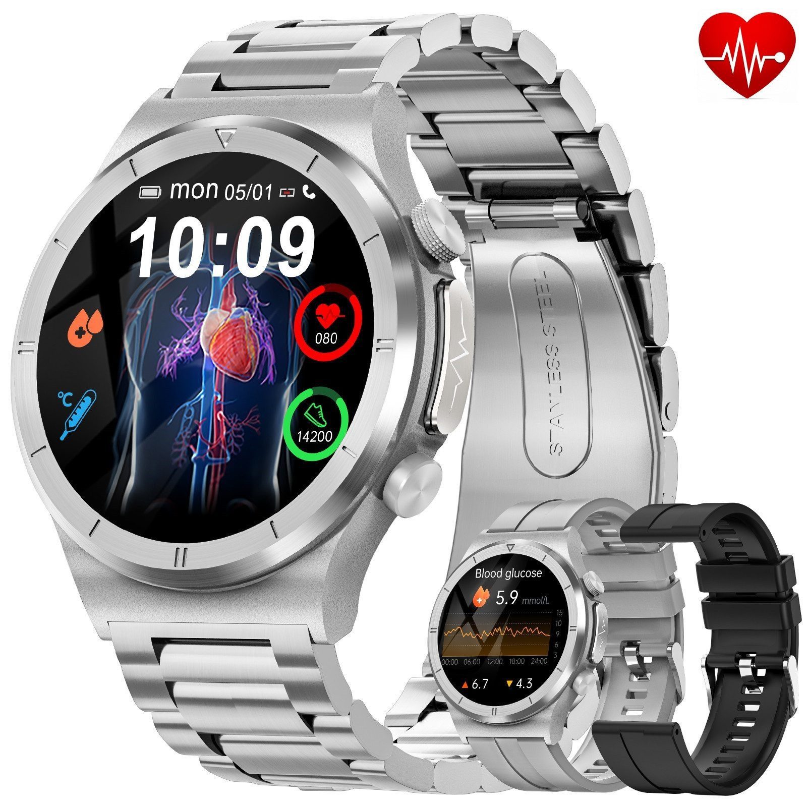 SWGOTA Smartwatch Herren mit Blutdruck/ʙʟᴜᴛᴢᴜᴄᴋᴇʀ/ECG+PPG/BMI-Überwachung Smartwatch (3.53 cm/1.39 Zoll) IP68 Wasserdichter Armbanduhr mit, austauschbaren Armbänder, Fitnessuhr mit Herzfrequenz-/SpO2-/ɴɪᴄʜᴛ-ɪɴᴠᴀɪᴠᴇ ʙʟᴜᴛᴢᴜᴄᴋᴇʀᴍᴇᴜɴɢ