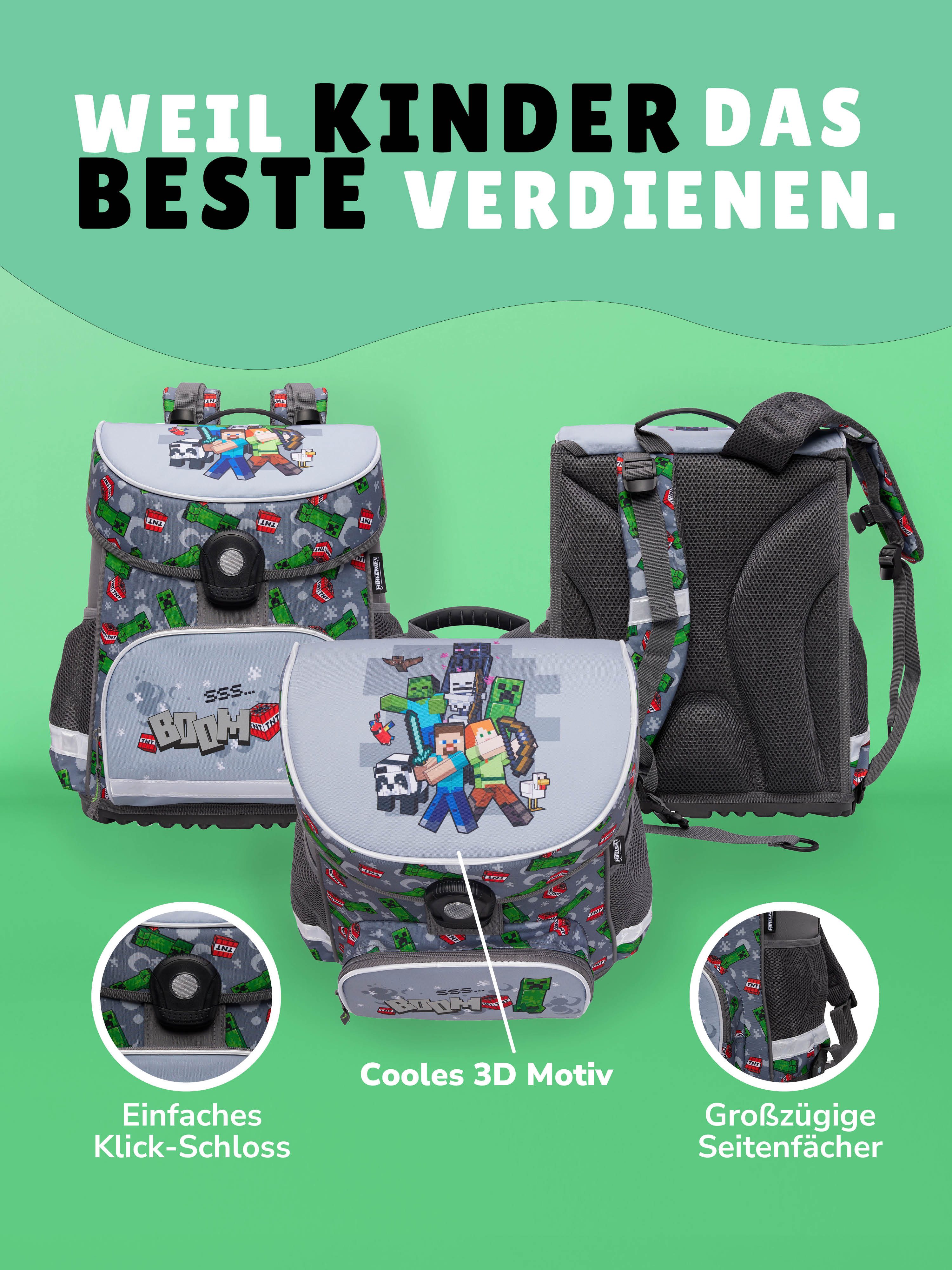 Familando Schulranzen Minecraft 1.-4. Klasse ergonomisch, geräumig, Volumen 18 Liter (Set, 6-tlg., inkl. Federmäppchen und Sporttasche), MINECRAFT Motiv grau – Bild 5 von 5