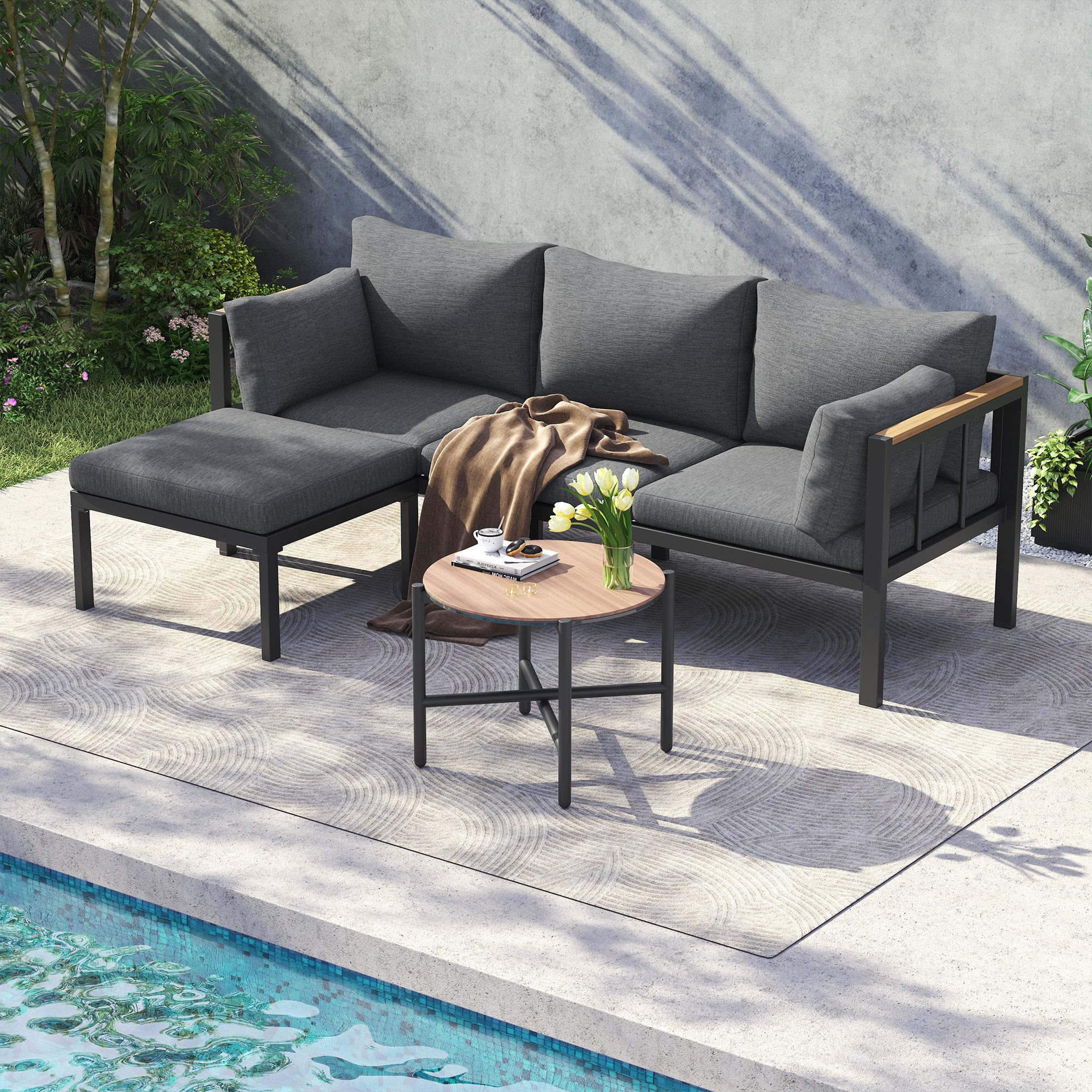 Flieks Gartenlounge-Set, 4-Sitzer Gartenmöbel Balkonset mit verzinktem Stahl + Glastischplatte