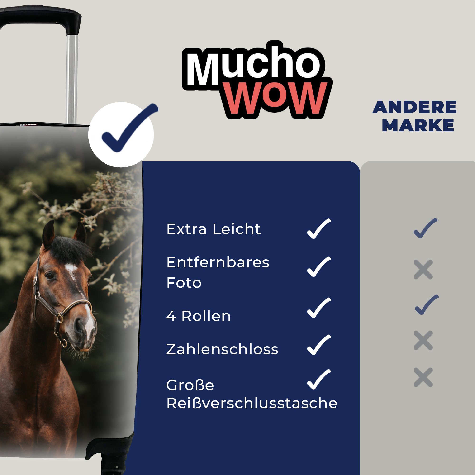 Reisekoffer rollen, 4 Trolley, Handgepäck - Handgepäckkoffer Ferien, Reisetasche MuchoWow Pferd für Porträt, Äste Rollen, - mit