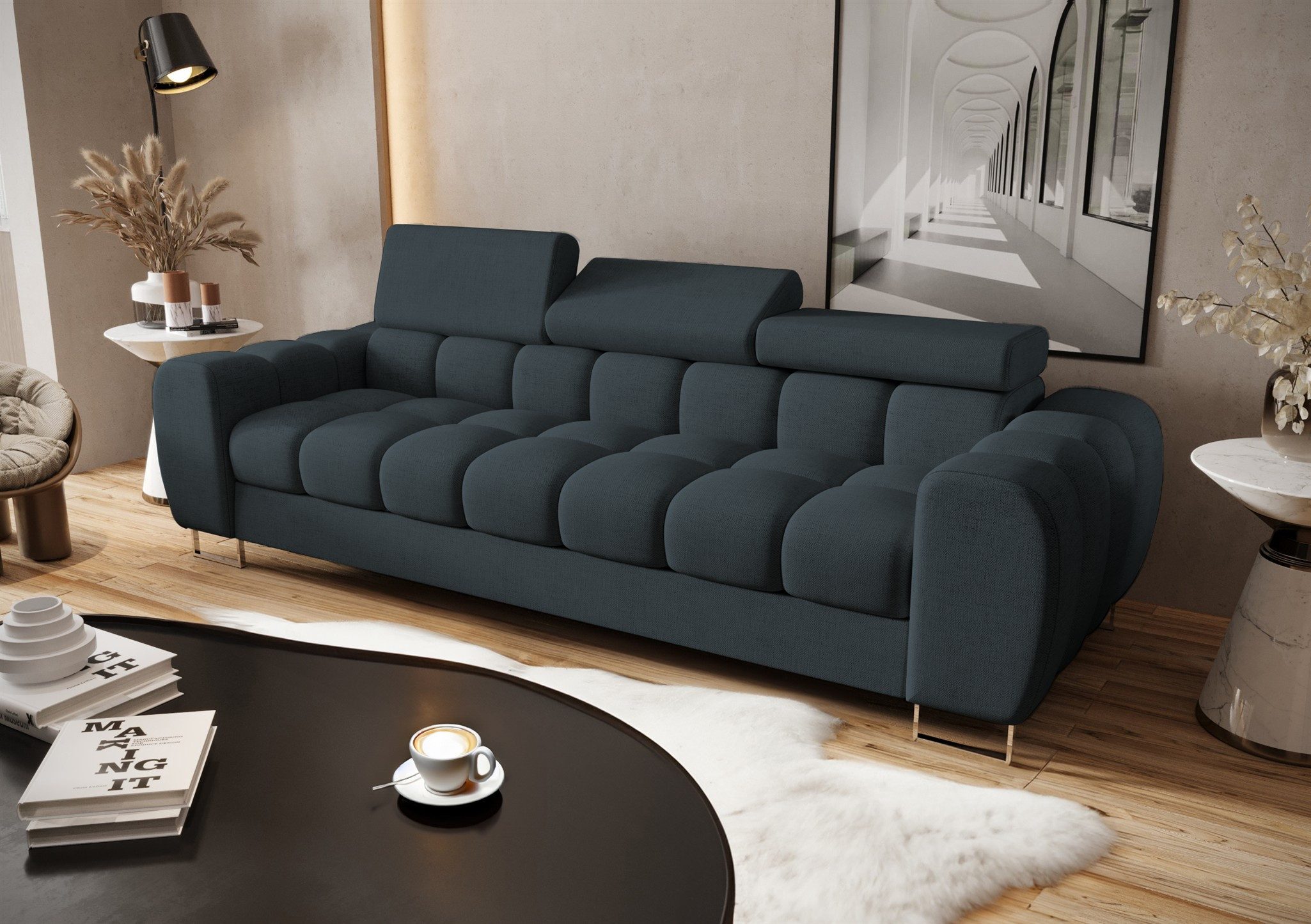 Fun Möbel 3-Sitzer Designersofa Sofa BASTIEN in Stoff, mit 3 einstellbaren Kopfstützen, Rundumbezug