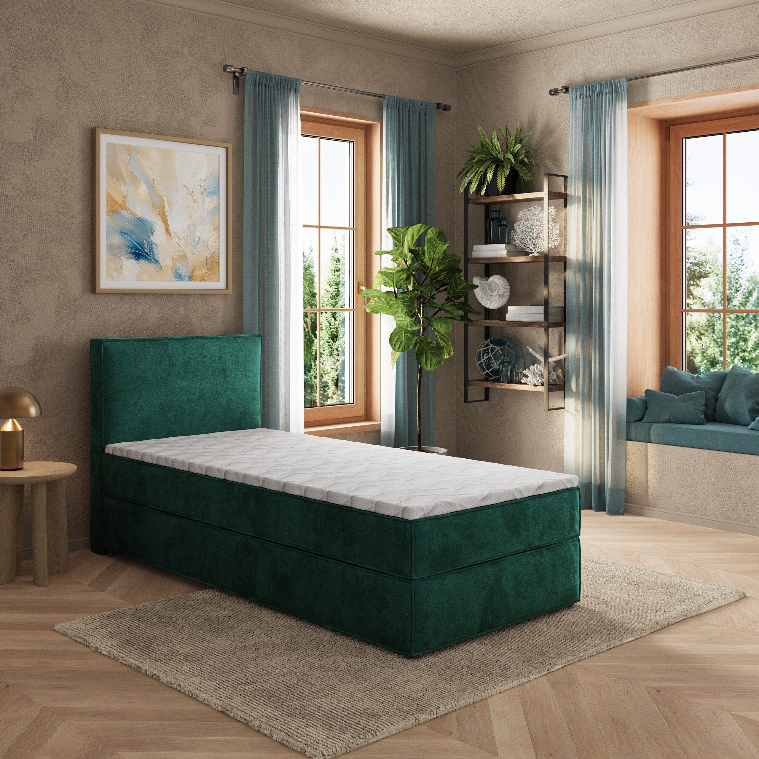 Masseno Boxbett PELLIO 90x200 cm mit Bonell Matratze und Topper, Einzelbett, Jugendbett, Polsterbett mit Kopfteil, Boxspringbett