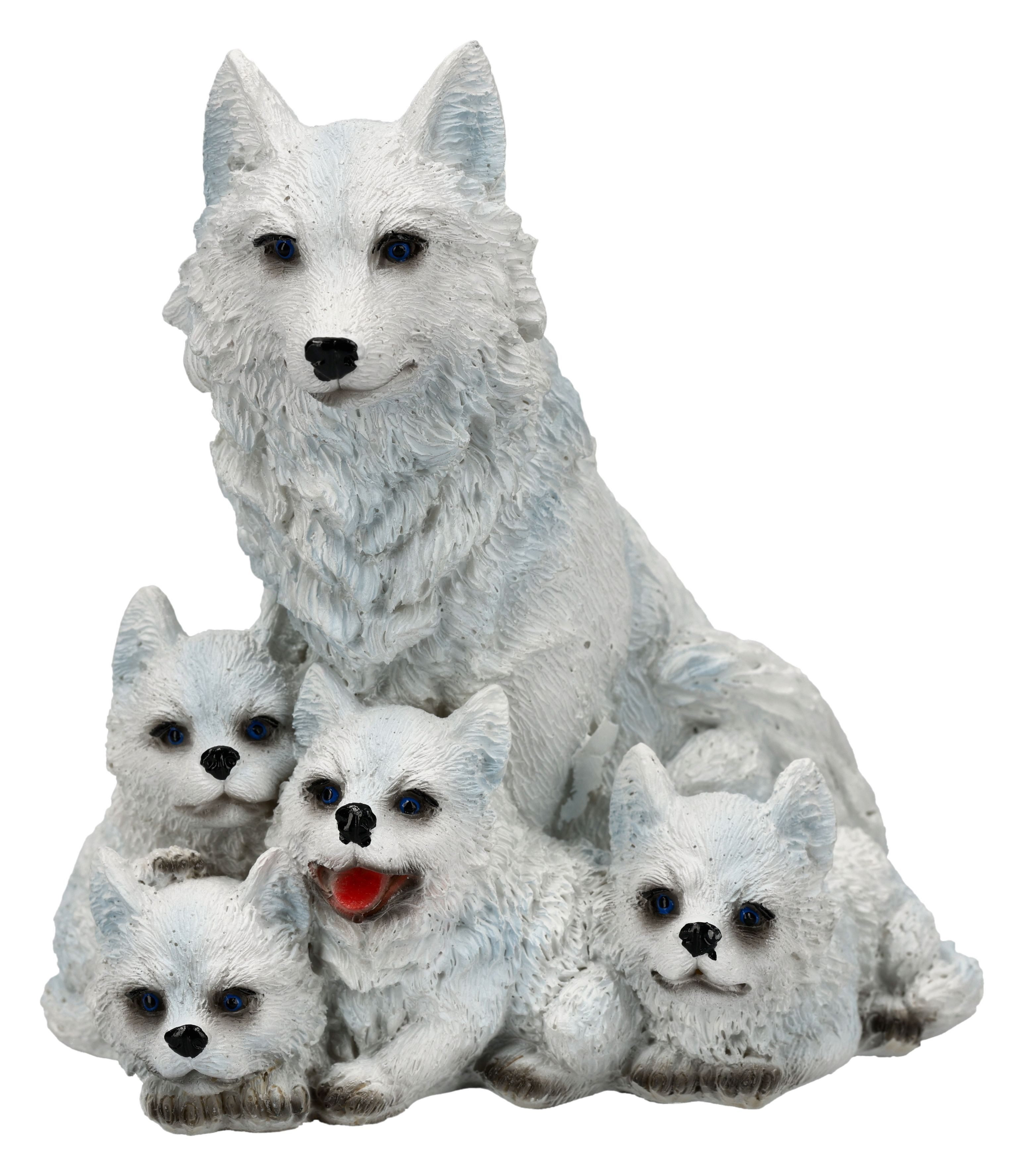 Figuren Shop GmbH Tierfigur Wolfsfigur – weiße Wolfsmutter mit Welpen Statue Tier Dekofigur 12 cm