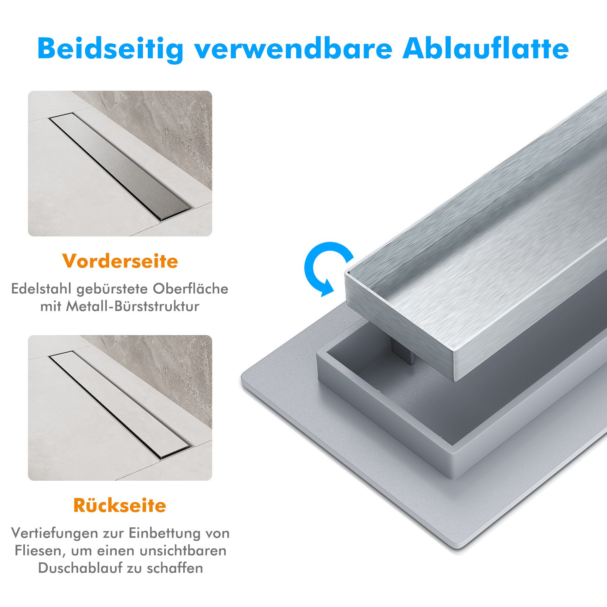 SONNI Duschrinne 2-in-1-Flachduschrinne aus Edelstahl 40-80 cm 360° verstellbar