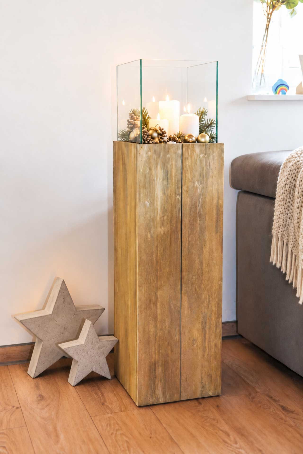 VIVANNO Bodenwindlicht Holz CANDELA Rechteckig - Antikbraun Maserung (1 St), 27x27x80 cm – Bild 5 von 5