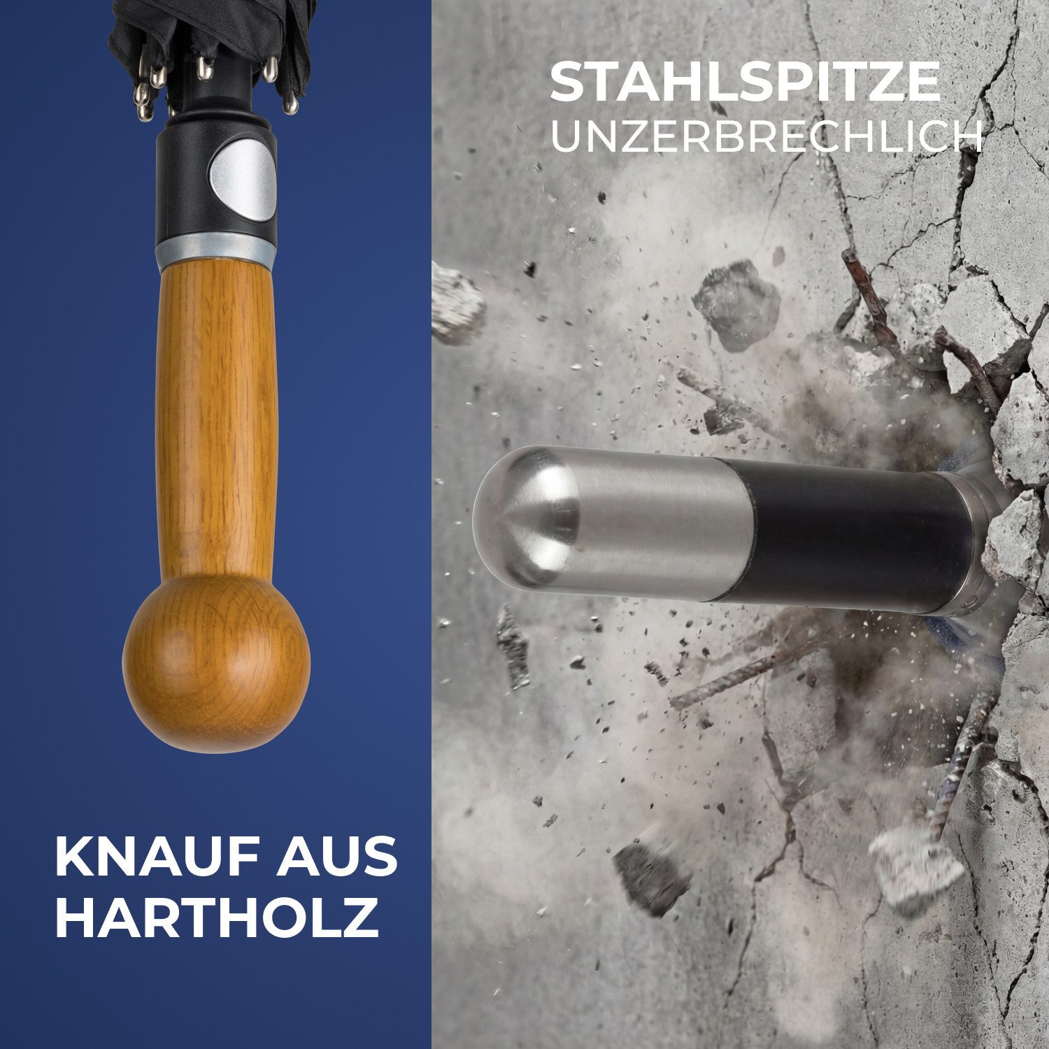 Logan & Barnes Stockregenschirm Selbstverteidigungsschirm mit Holzknauf und Stahlspitze Ø120cm DETROIT