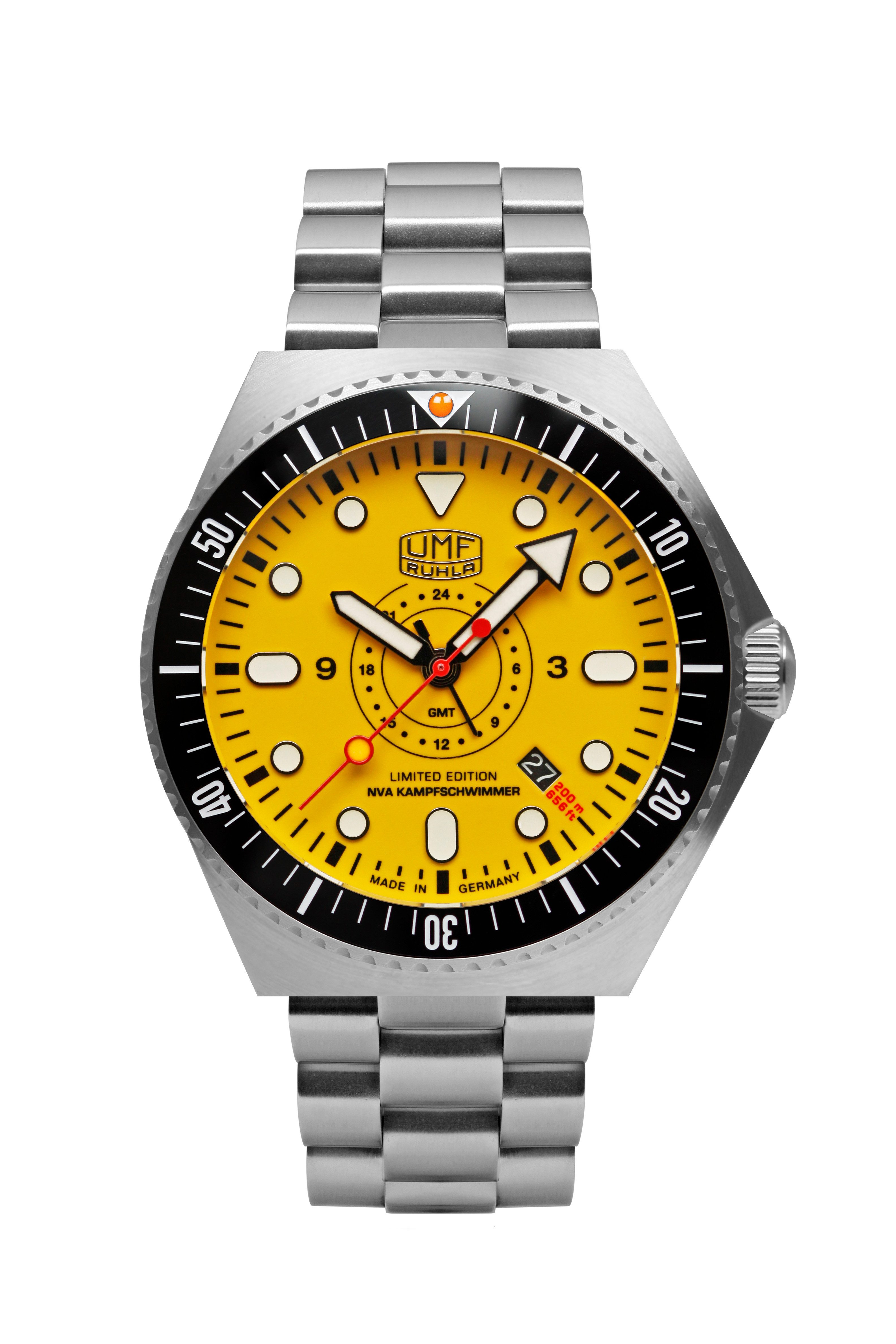 UMF Ruhla Automatikuhr 1932M-5, Herrenuhr Limited Edition - NVA Kampfschwimmer, mit gelbem, voll fluoreszierendem Zifferblatt - Made in Germany