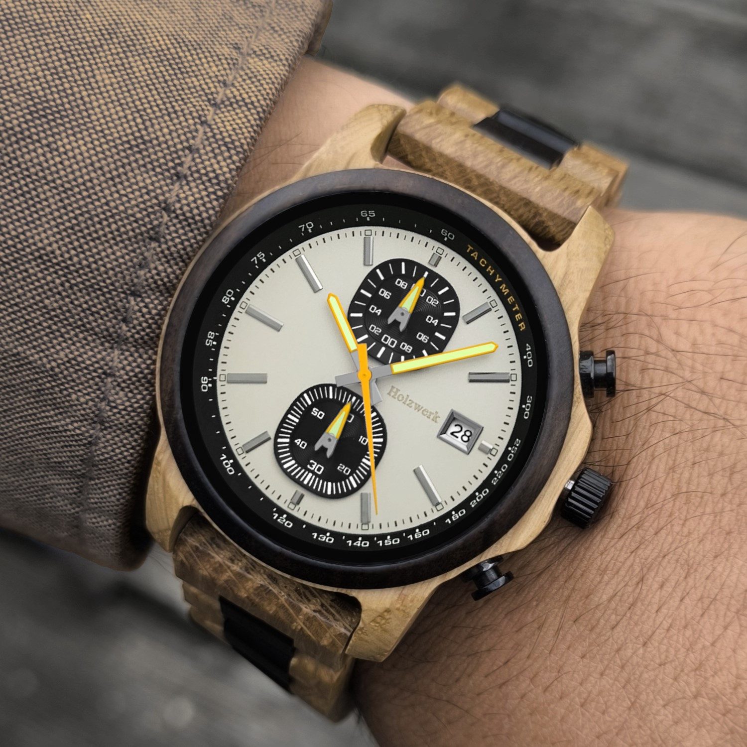Holzwerk Chronograph Herren Designer Holz Armband Uhr, Tachymeter mit Datum, (inklusive Armbandkürzer), Holz Unikate, ideal auch als Geschenk, Quarzwerk