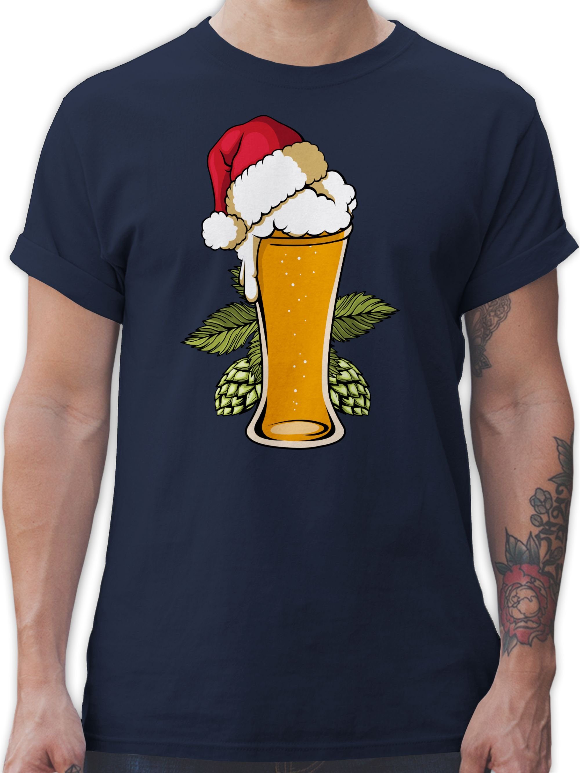 Shirtracer T-Shirt Bierglas mit Weihnachtsmütze Weihachten Kleidung 02 Navy Blau