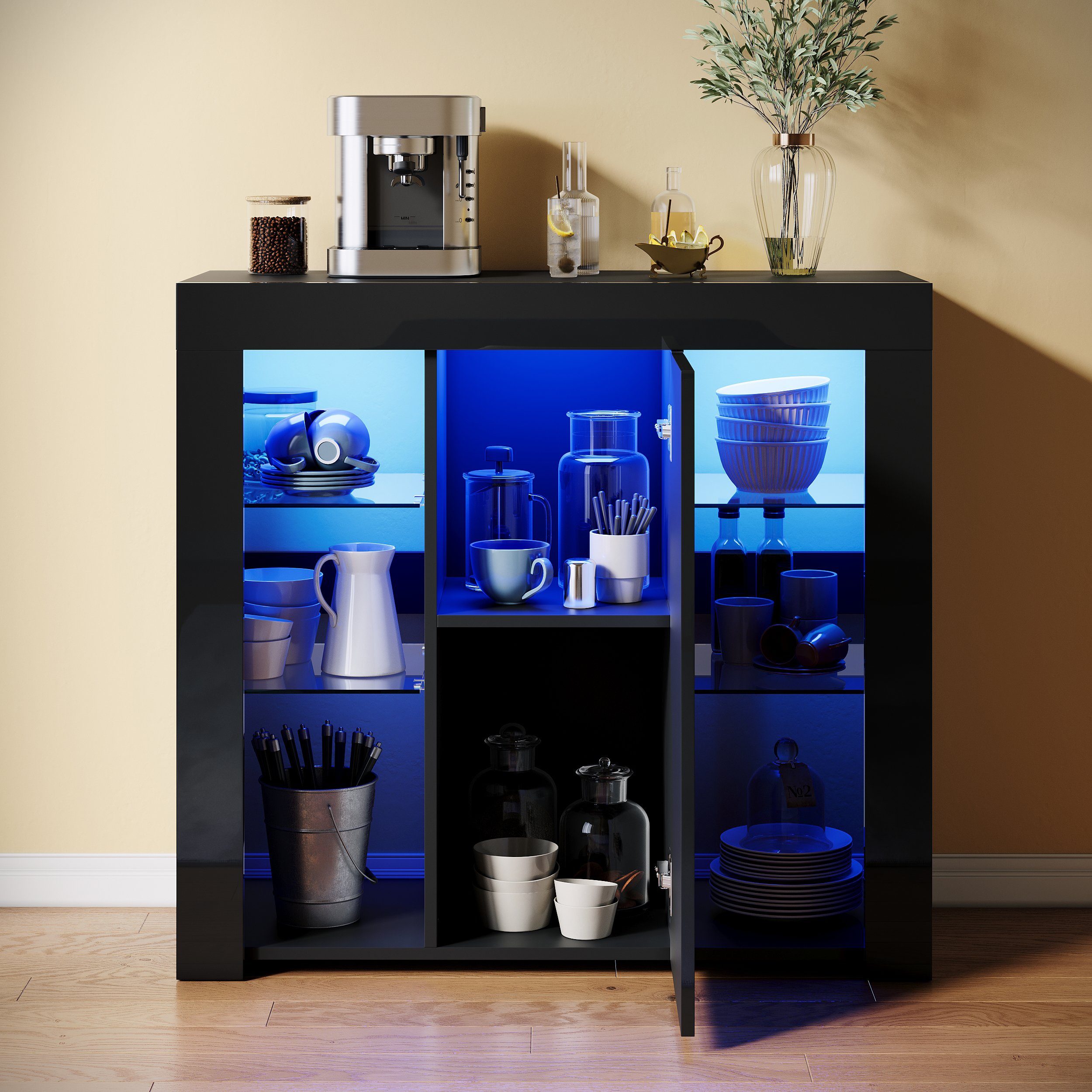 SONNI Sideboard mit LED Beleuchtung 90x35x83cm Weiß/Schwarz Hochglanz, mit Schranktür und 4 glas Einlegeböden – Bild 2 von 5