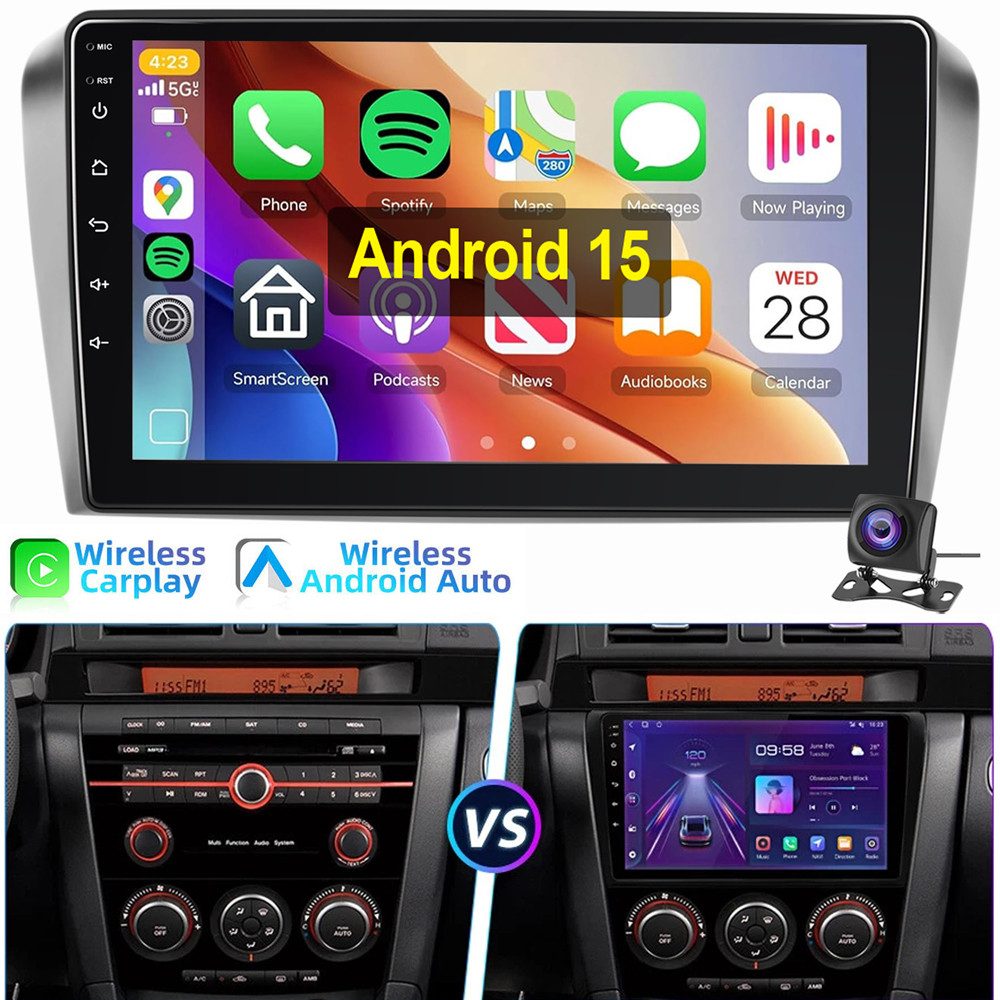 ESSGOO 9" Android 15 Autoradio Für Mazda 3 2003-2009 BK Carpaly Navi WIFI BT Autoradio (4+4GB optional, BT, FM AM SWC RDS)