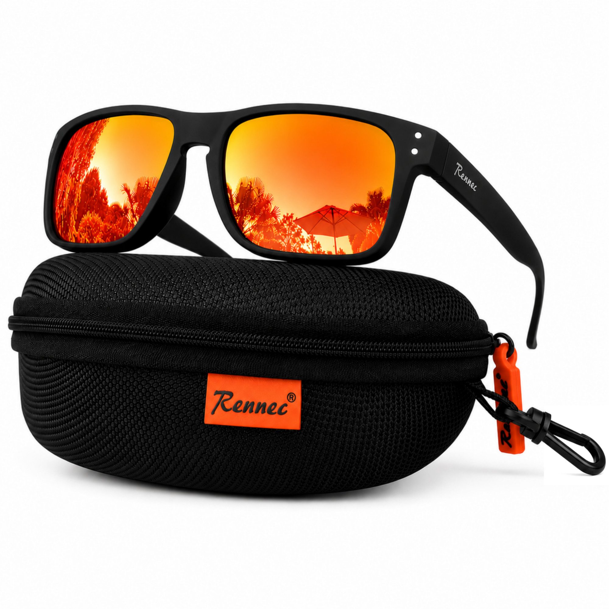 Rennec Sonnenbrille Herren Rechteckig Polarisiert Verspiegelt Markenbrille mit Hardcase Gläser UV400 Getönt oder Verspiegelt, stabile Bügelgelenke