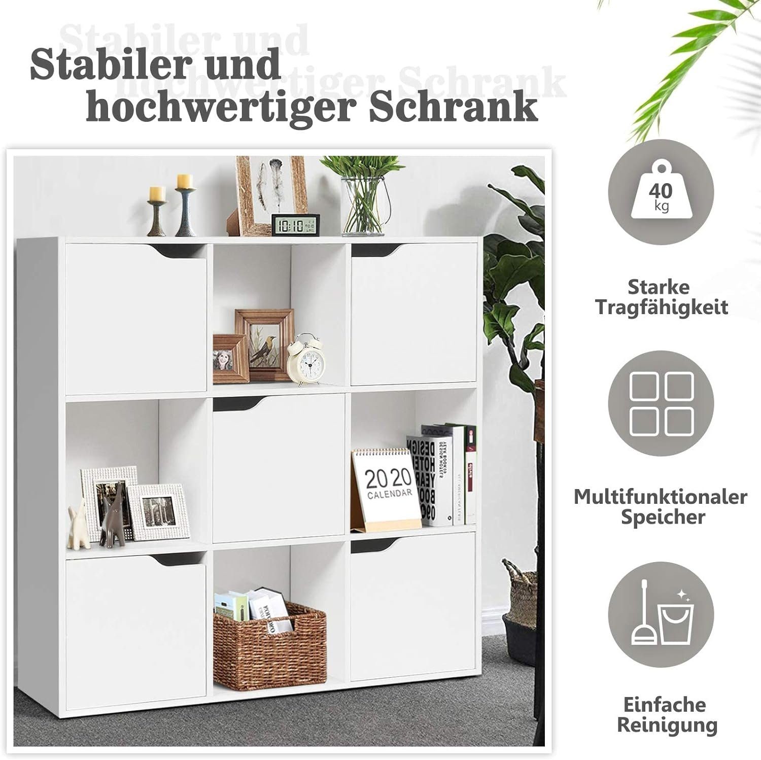 KOMFOTTEU Bücherregal Würfelregal mit 9 Fächern & 5 Türen, 90x29x90cm, weiß