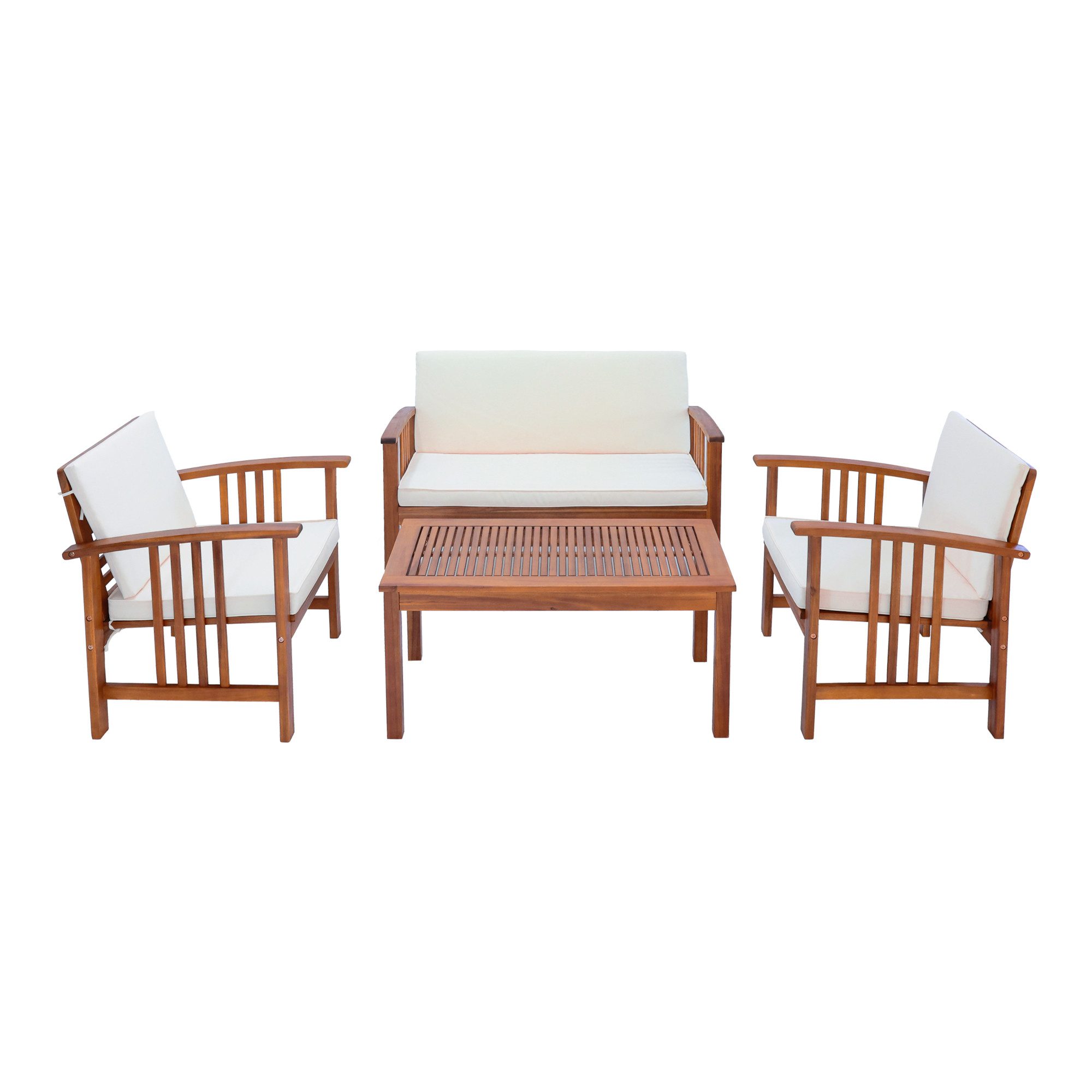 en.casa Gartenlounge-Set, (4-tlg., 1 Tisch, 2 Stühle, 1 Sitzbank inkl. Kissen), »Brissogne« Akazie Holzfarben/Beige