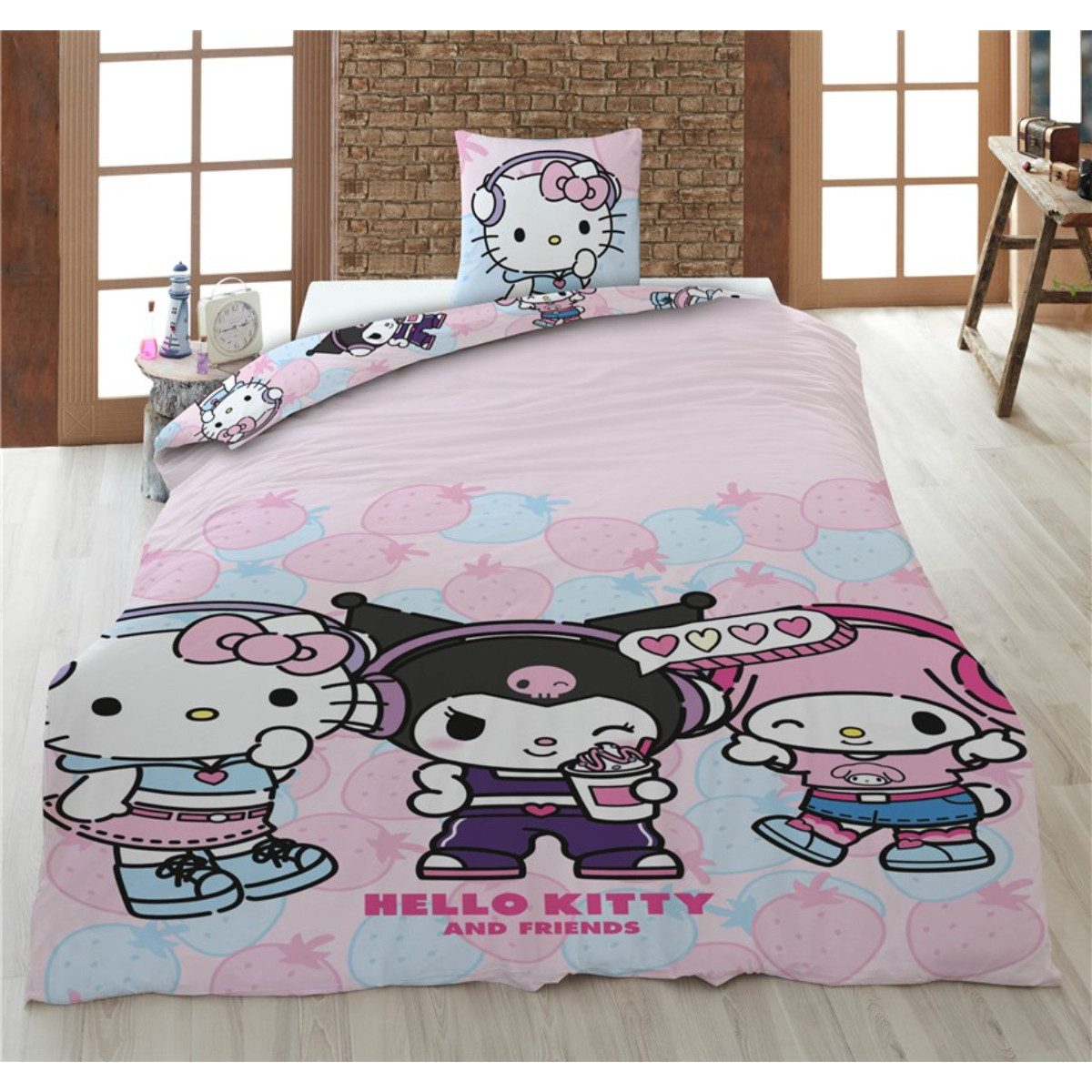 Hello Kitty Bettwäsche Bettbezug Set 140 × 200 cm mit Kissenbezug 65x65 cm, 2 teilig