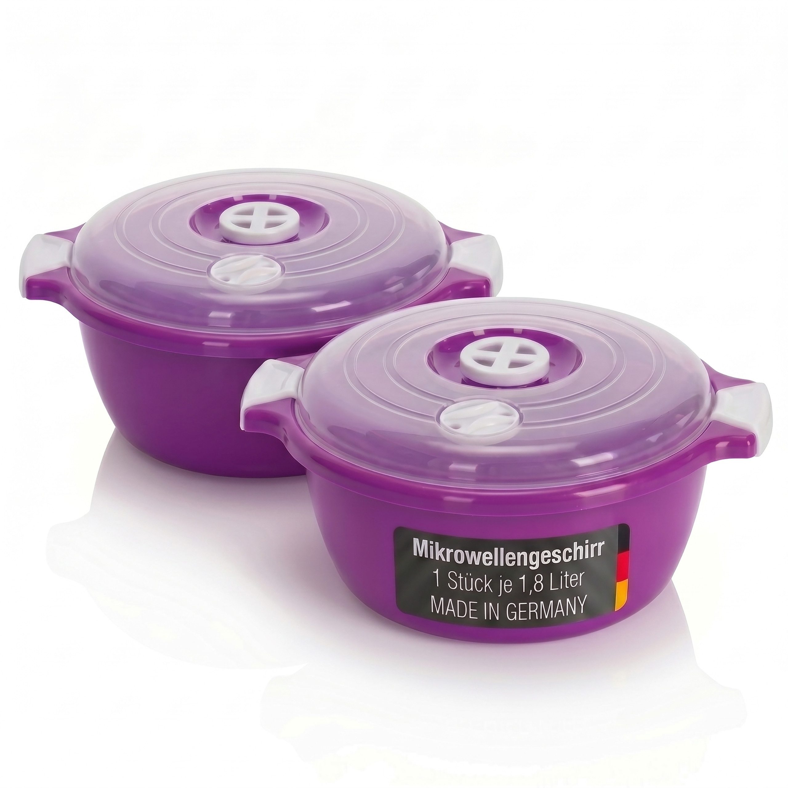 Lantelme Mikrowellenbehälter Mikrowellengeschirr Lila Mikrowellenschüssel mit Dampfventil, (2-tlg., 2 Stück Set Mikrowellenschüssel Volumen 1,8 Liter Volumen), mit Deckel und Dampfventil, Deutsche Herstellung
