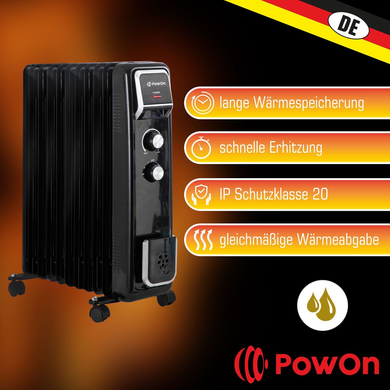 PowOn Ölradiator Ölradiator 2500W Energiesparend Luftbefeuchter mit 11 Rippen, & Wäschetrockner