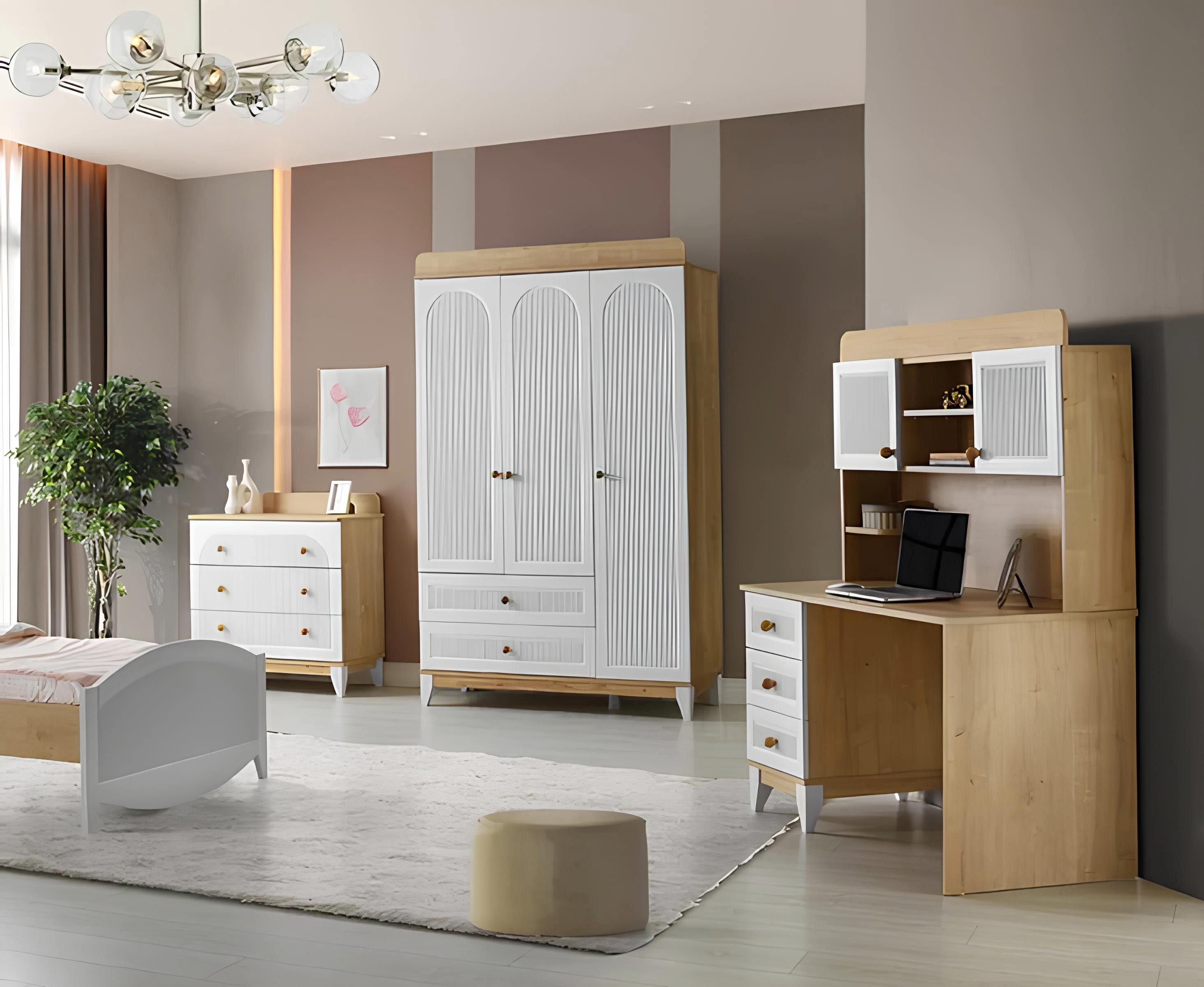 Kleiderschrank Möbel-Set für Kinderzimmer in Weiß mit Kommode und Schreibtisch