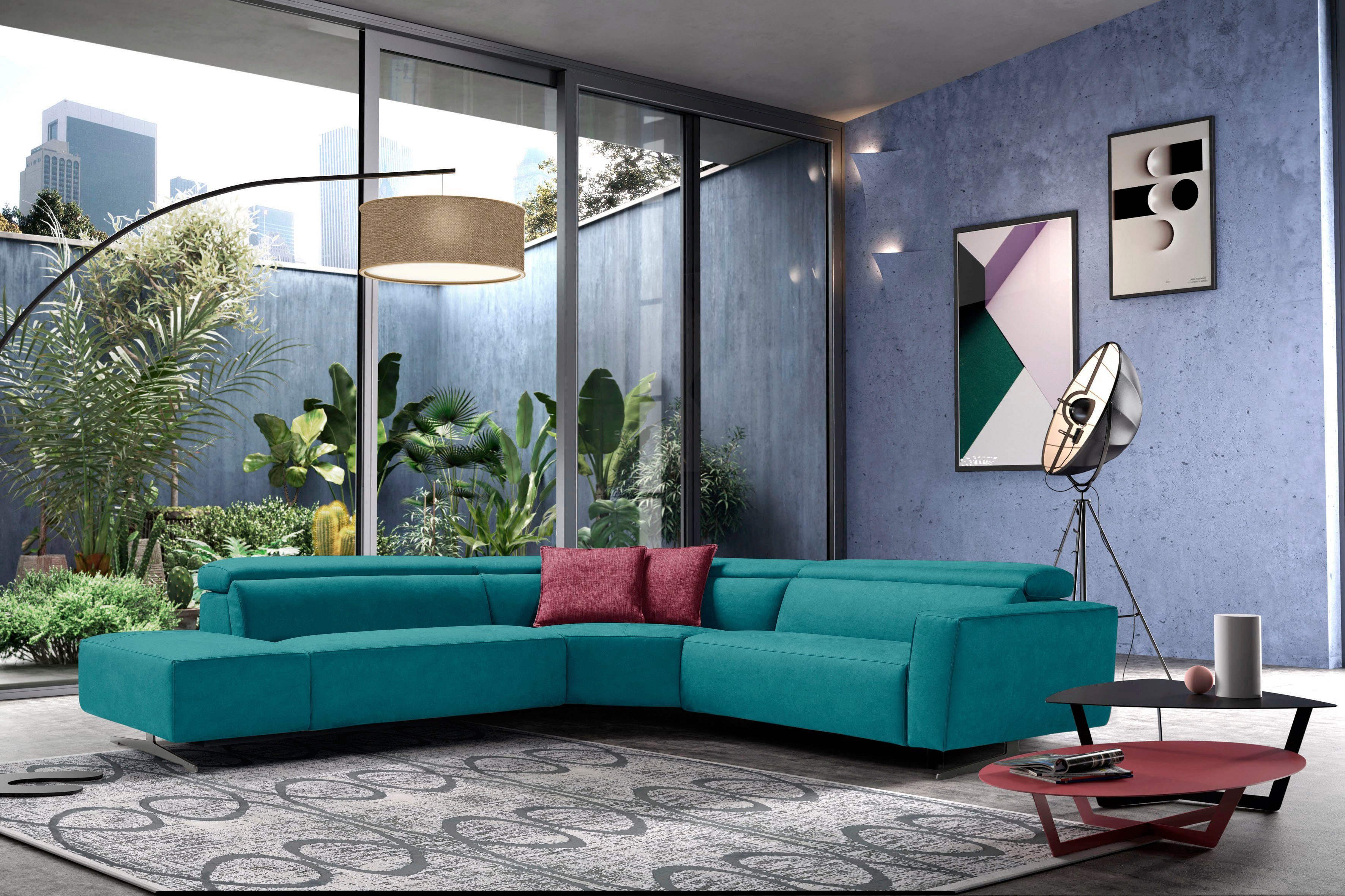 Egoitaliano Ecksofa Stefanie-e, Designsofa der Extraklasse, bequem mit hohem Sitzkomfort, mit Relaxfunktion und verstellbaren Kopfteilelementen