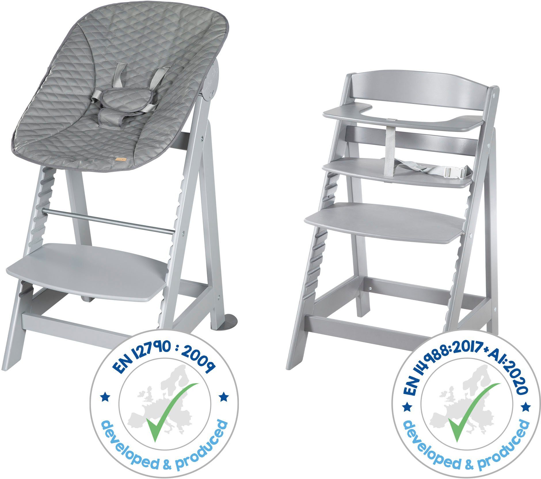 roba® Hochstuhl Treppenhochstuhl 2-in-1 Set Born Up taupe, mit Neugeborenen-Aufsatz, Stone gesteppt