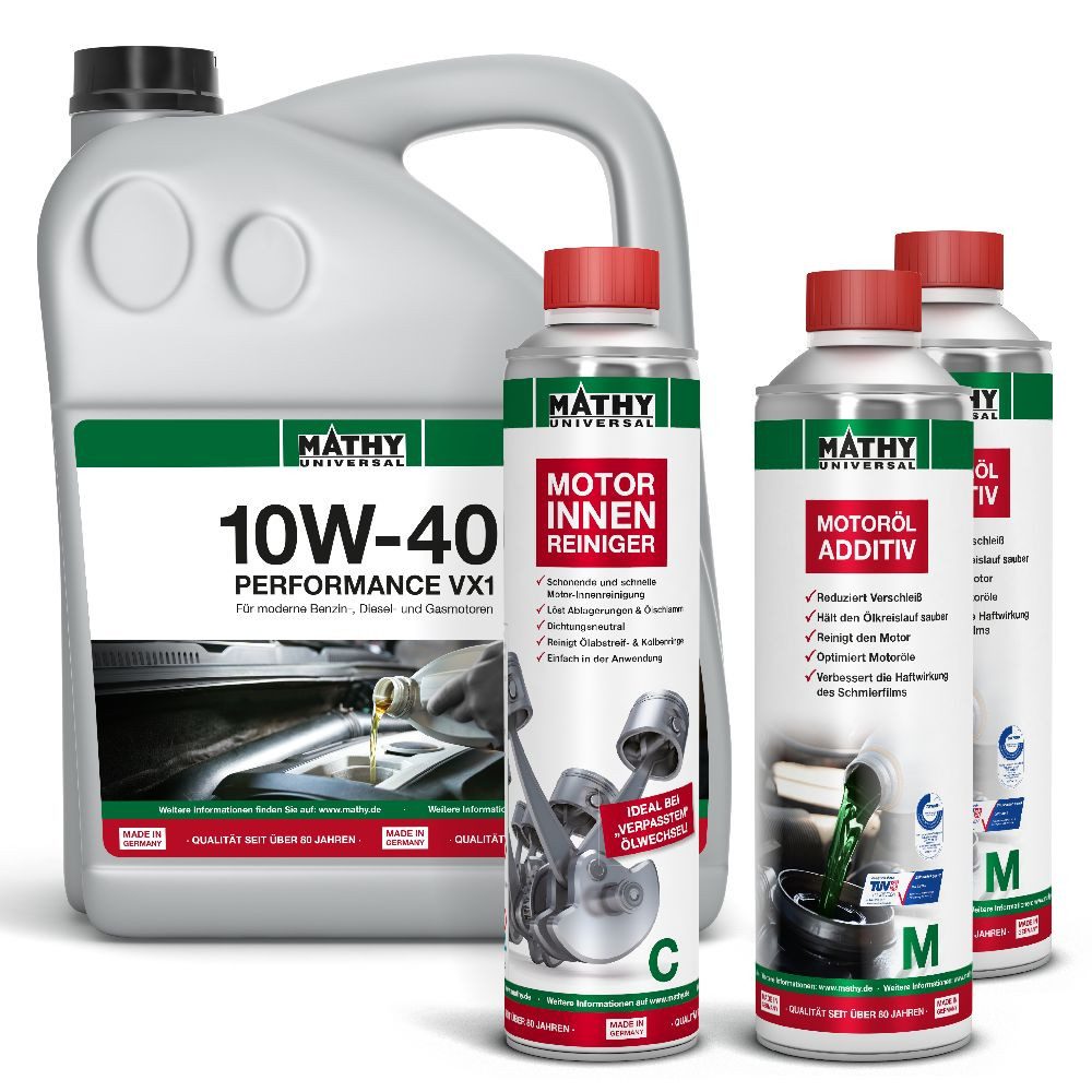 MATHY Motoröl MATHY Ölwechsel-Set Plus 10W-40 Performance VX1 5,0 l + 2 x 500 ml + 4, (Spar-Set, 5-tlg), Teilsynthetisches Motoröl + Verschleißschutz + Motorspülung