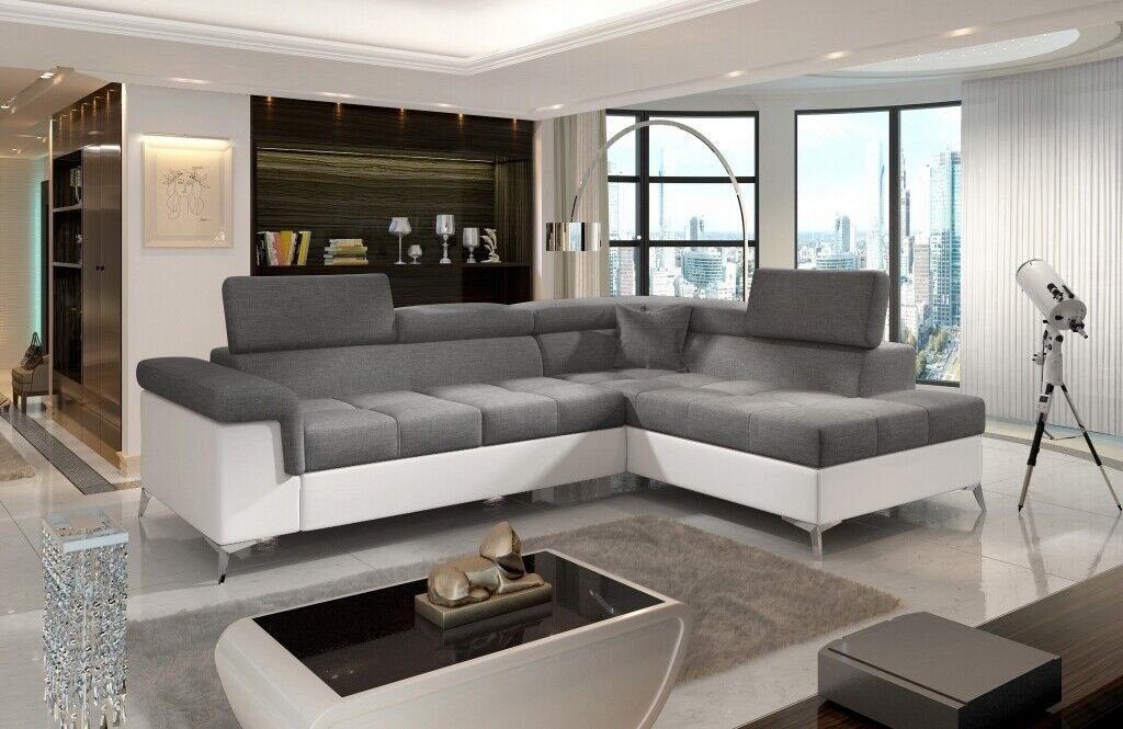 Grau/Weiß L-Form Schlafsofa Sofa Polster Textil Couch JVmoebel Ecksofa, Ecksofa Design