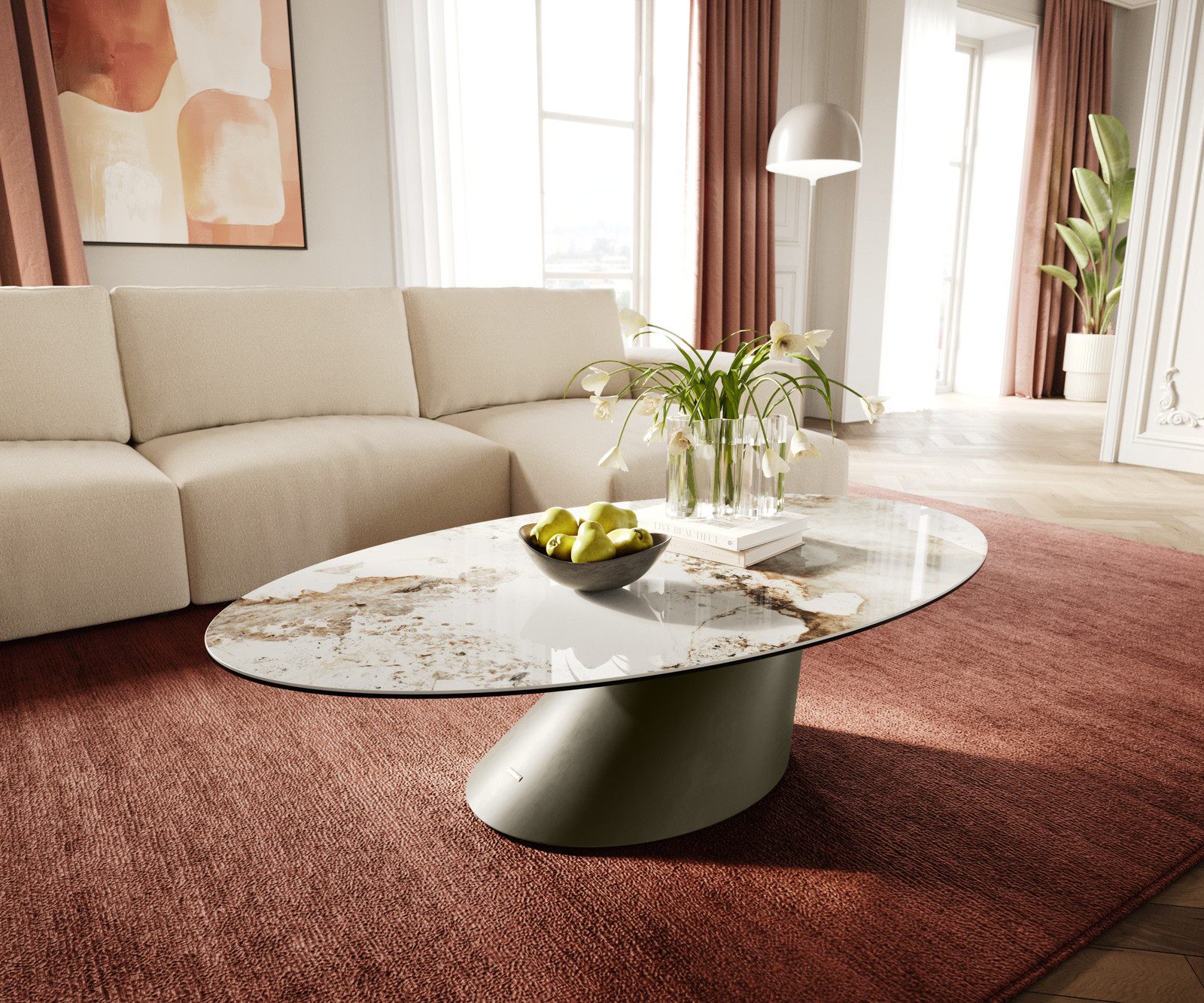 DELIFE Couchtisch Edge, Oval 140x80 cm Keramik Minas Melange Conis Metall Effektfinish Titan