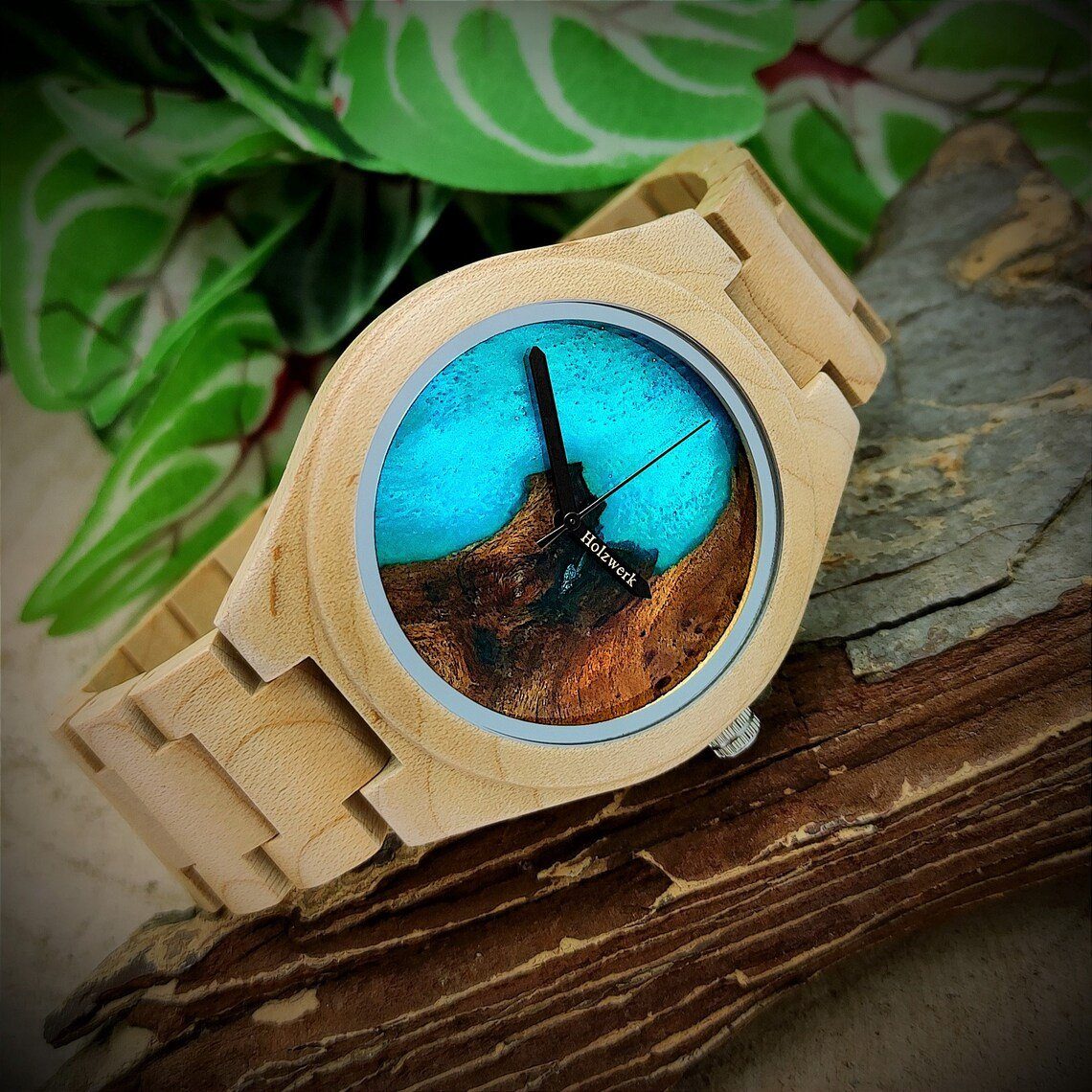 Holzwerk Quarzuhr BREISGAU Damen & Herren Epoxidharz Holz Armband Uhr, beige & türkis
