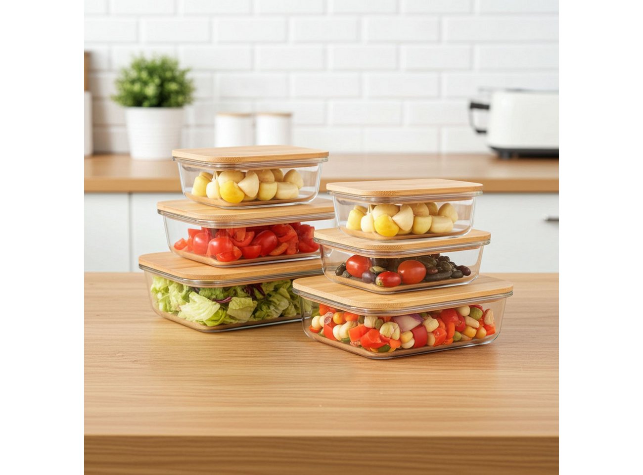 shop'n smile ideoon Vorratsglas Glas-Vorratsdosen Bambusdeckel 3 Größen Rechteckig Frischhaltedosen, (6-tlg., 3er-Set / 6er-Set), Luftdicht & 370,660,1060 ml/rechteckig/transparent/Bambus, Glas