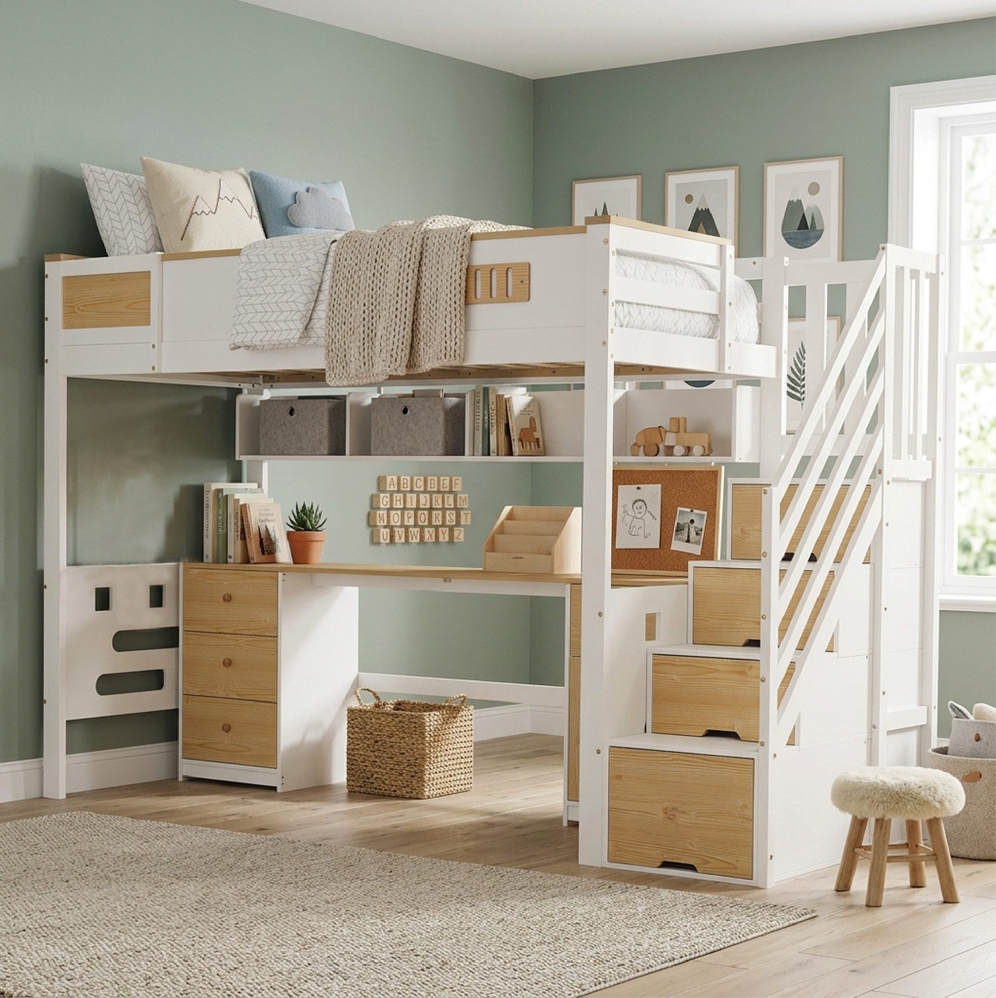 OKWISH Hochbett Jugendbett (mit Schreibtisch und Stauraum – 90x200 cm, Kinderbett mit Schubladen, Aufbewahrungstreppe und Wandregal, Stauraumbett Holzbett) Inklusive Matratze