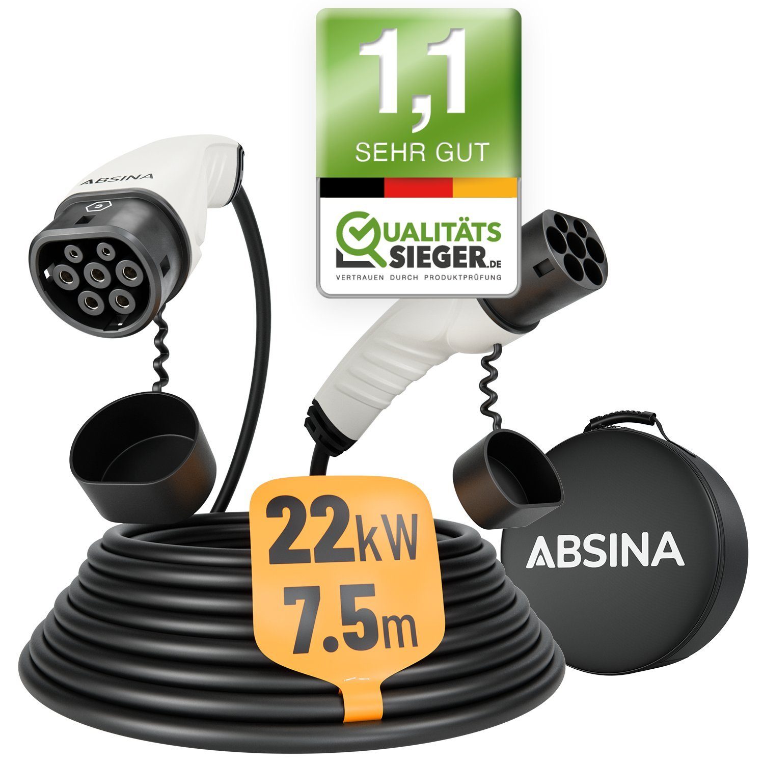 ABSINA Typ 2 Ladekabel 22kW & 32A für Elektroauto - 7,5 Meter Typ 2 Ladekabel Elektroauto-Ladegerät (1-tlg)