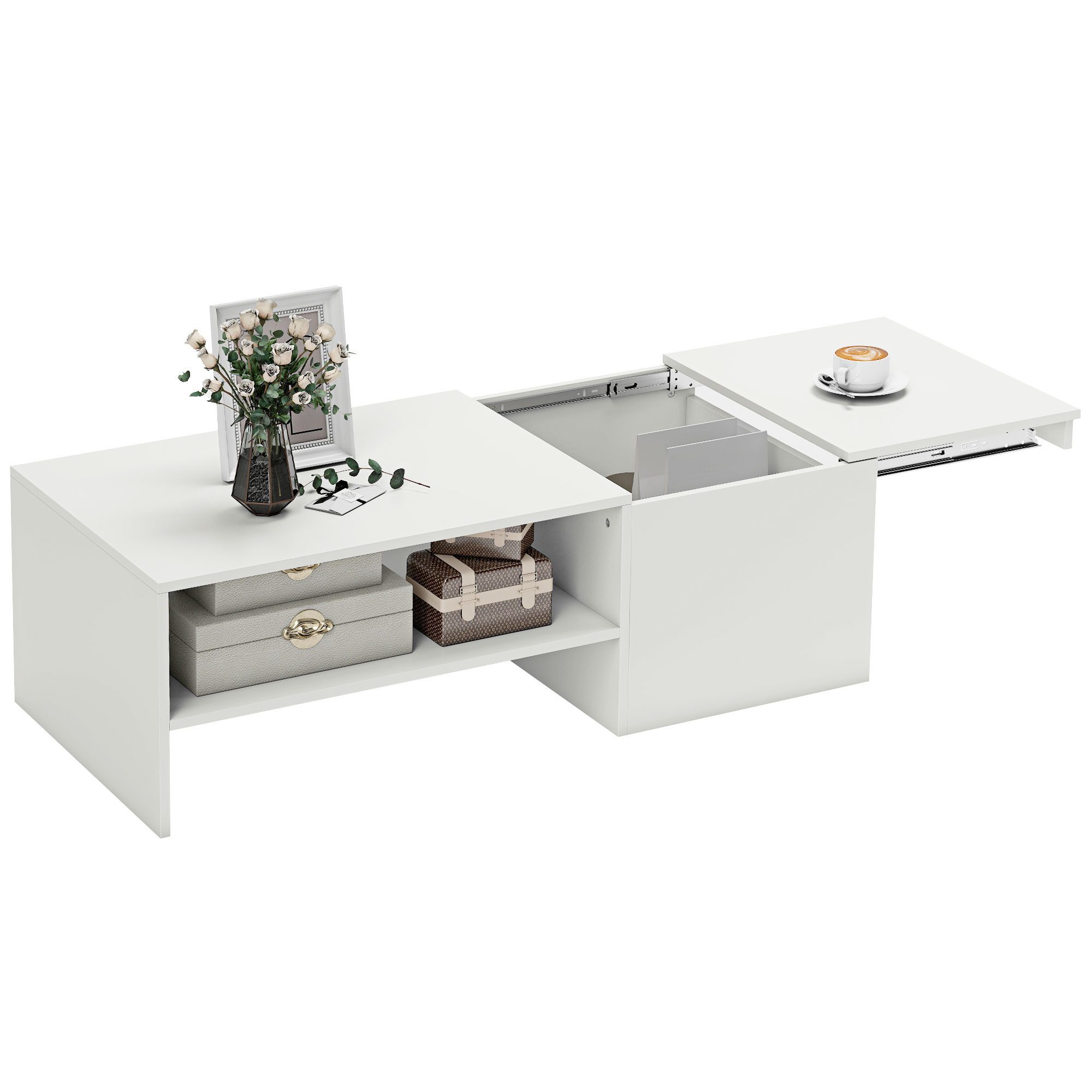 HOMCOM Couchtisch mit Verstecktem Stauraum, Regal (Sofatisch, 1-St., Wohnzimmertisch), für Wohnzimmer 110 x 52 x 36 cm, Weiß