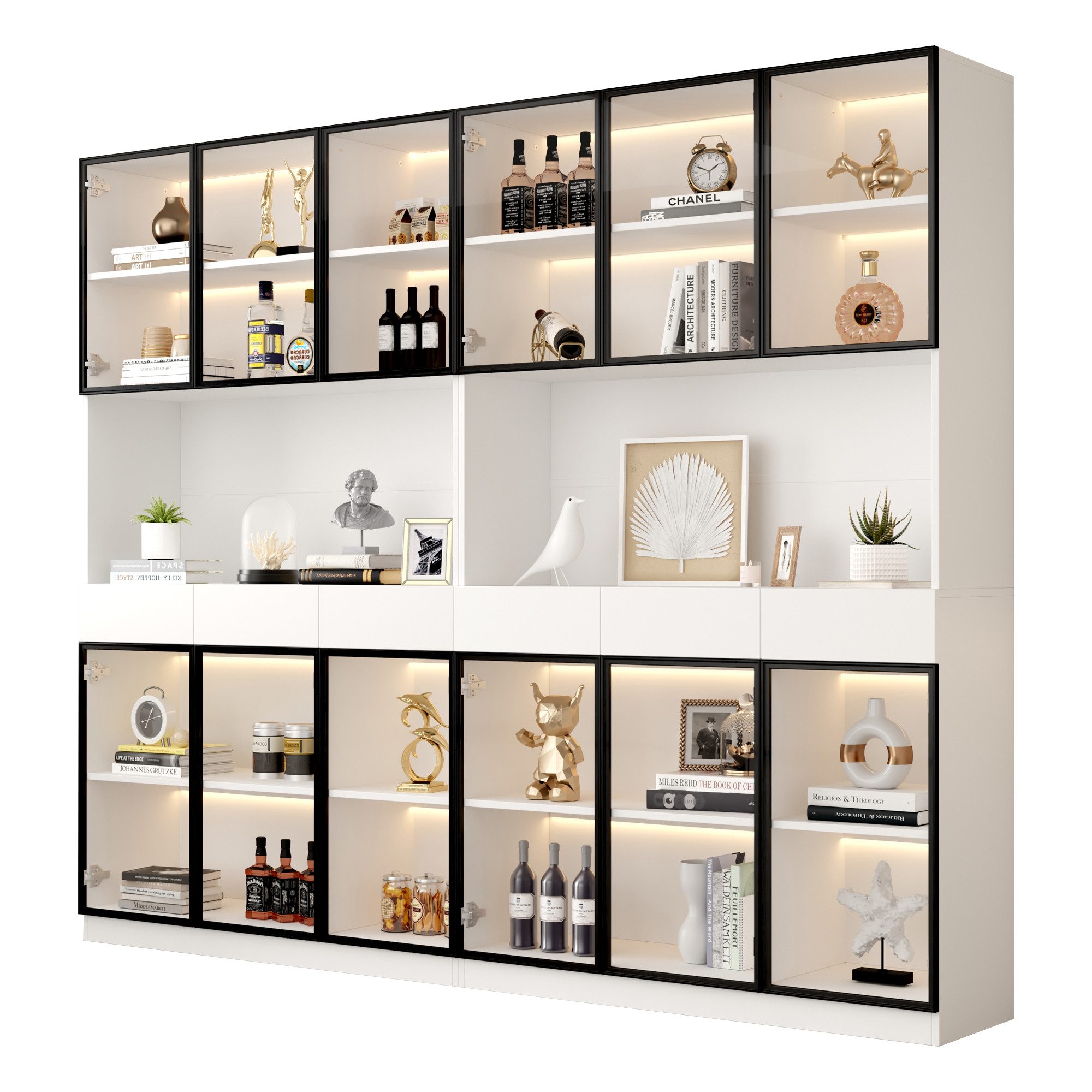 Merax Standvitrine Matt Glasvitrine mit LED-Beleuchtung und Stauraum (30x120x200 cm, 2-St., Standregal Schrank Vitrine) Vitrine mit 6 Türen, 3 Schubladen, schwarzem Rahmen und Glas-Fronten