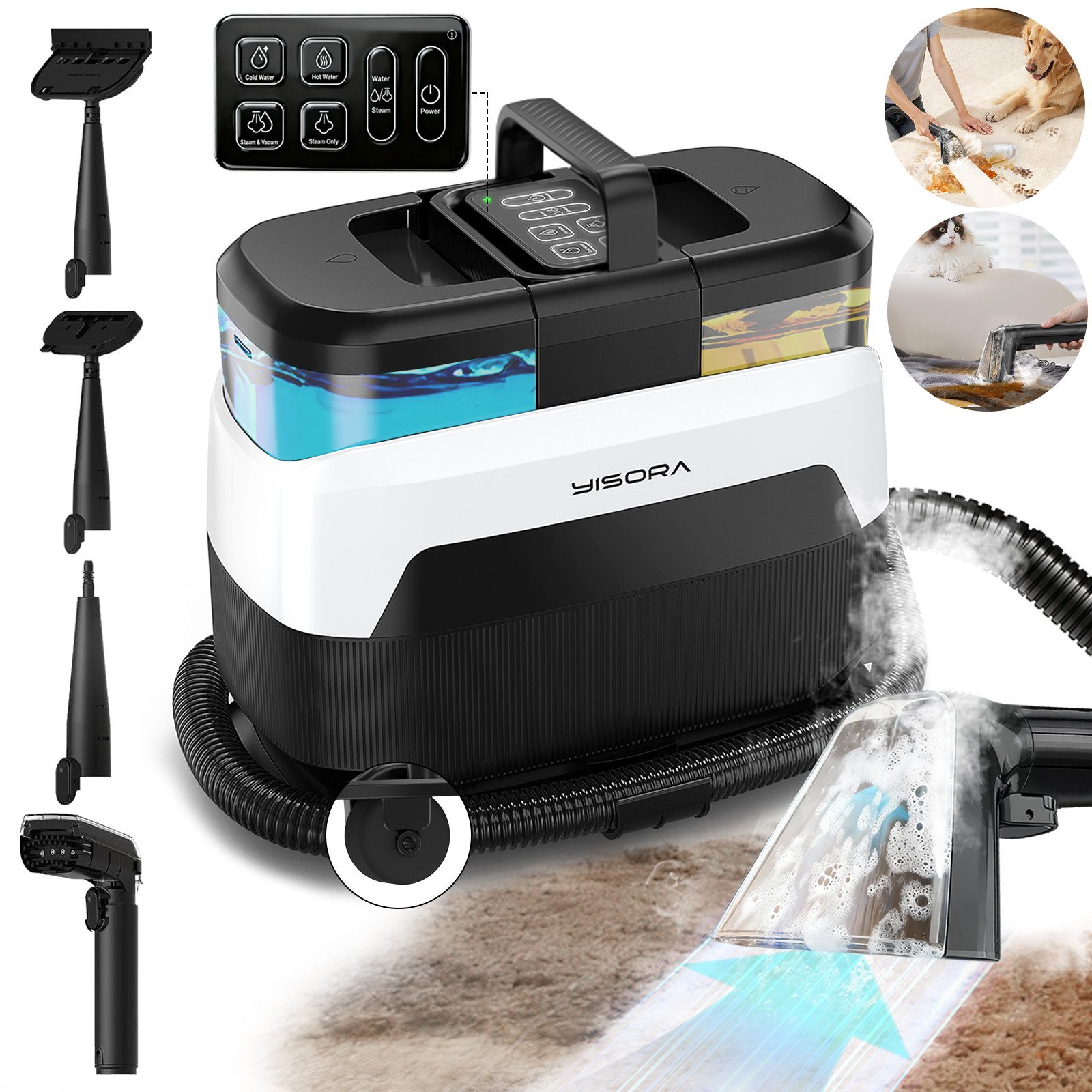 Grenintol Teppichreinigungsgerät,Waschsauger,Teppichreiniger,Polsterreiniger Gerät mit Dampferhitzung, 1650 W, Fleckenreiniger 35 KPA starke Saugleistung, Tiefenreinigung in vier Modix, Die Dampftemperatur ist verstellbar von 65°C bis 100℃, Für Küchenfett, Teppiche, Polstermöbel, Sofas, Autos, Haustiere.